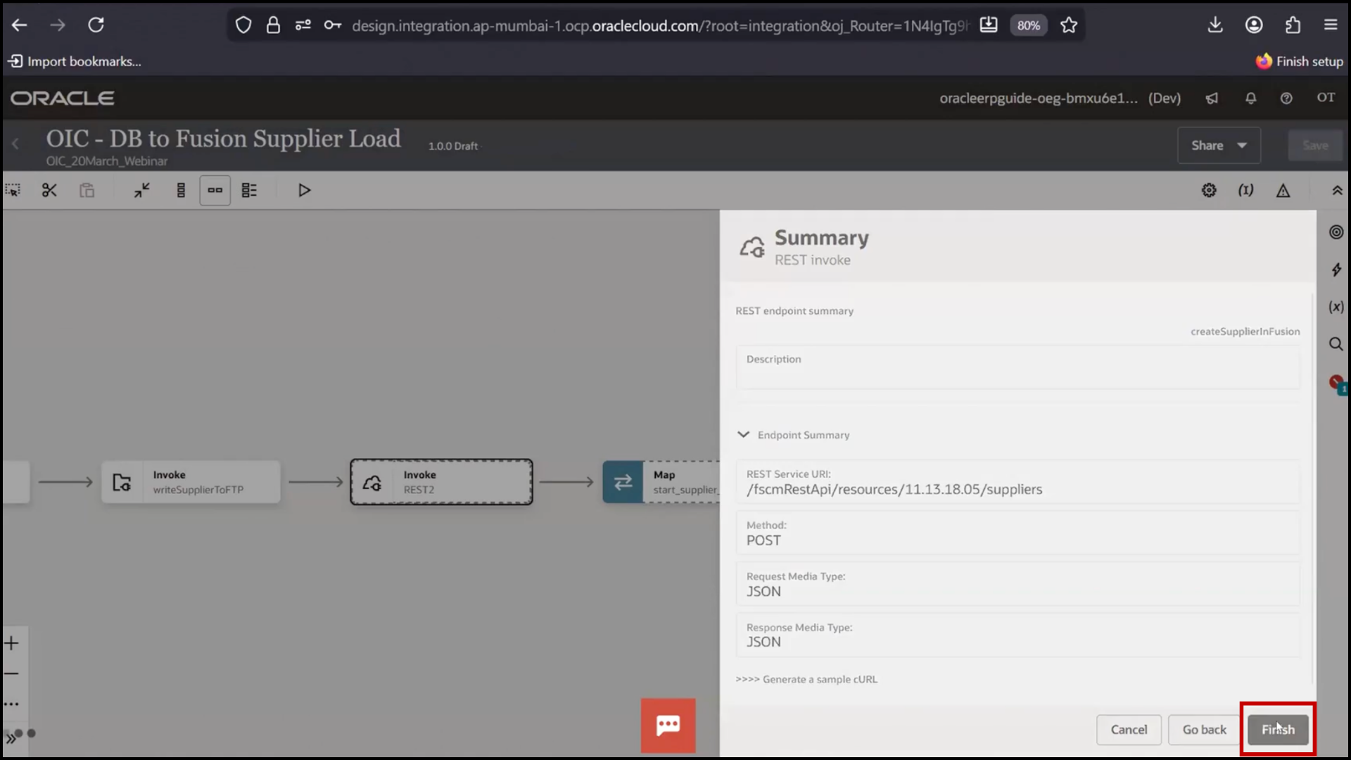 OIC REST configuration screen clicking Finish to complete the setup in Oracle Integration Cloud (OIC)