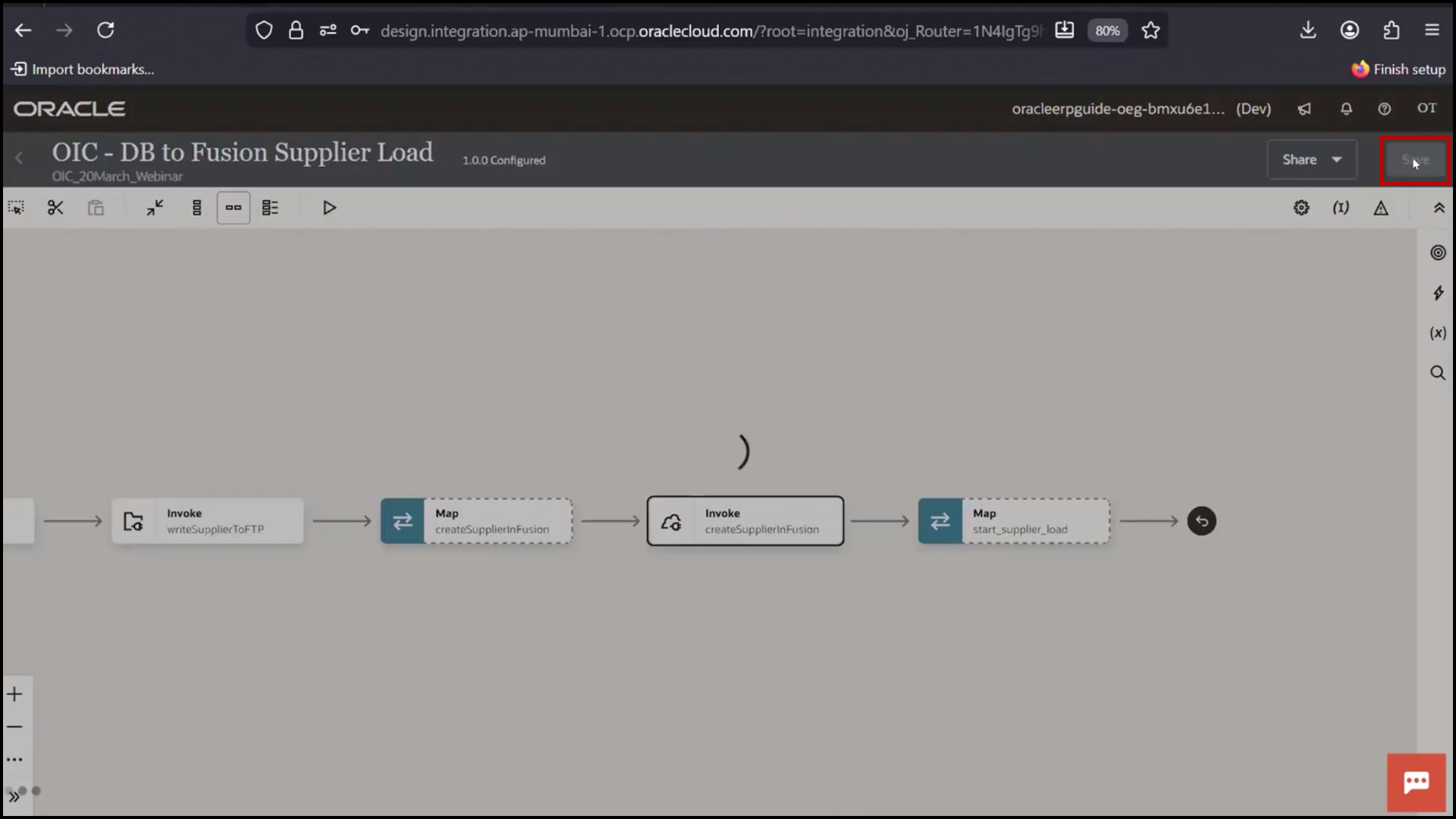 OIC REST configuration screen clicking Save to store the integration changes in Oracle Integration Cloud (OIC)