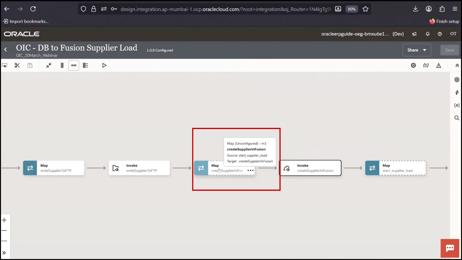 OIC integration screen opening mapper to map data between source and target in Oracle Integration Cloud (OIC)