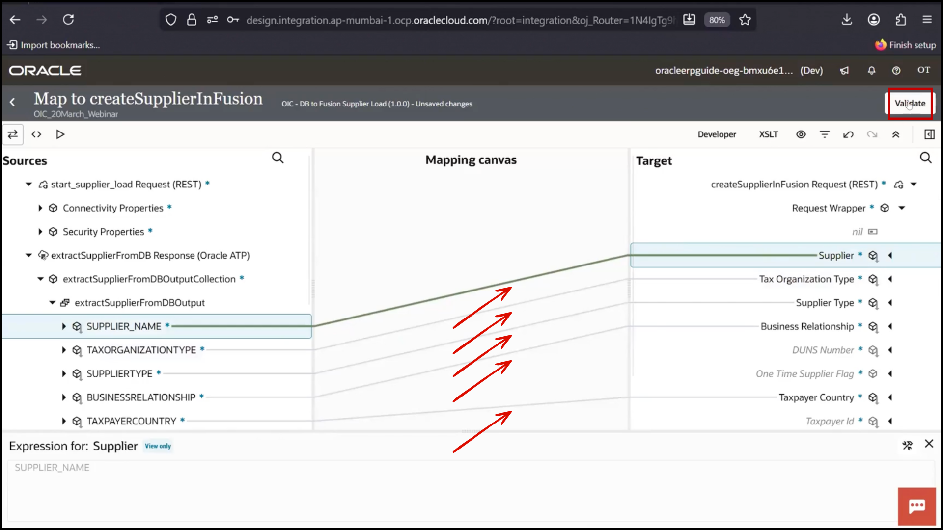 OIC mapper screen maps fields from DB response to target fields in Oracle Integration Cloud (OIC)