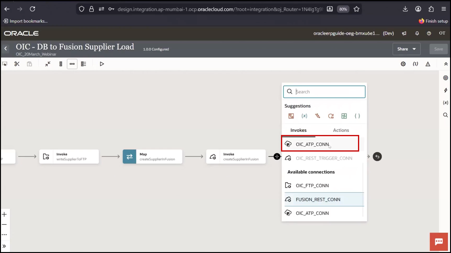 OIC integration flow screen clicking plus icon and selecting ATP connection to add database step in Oracle Integration Cloud (OIC)