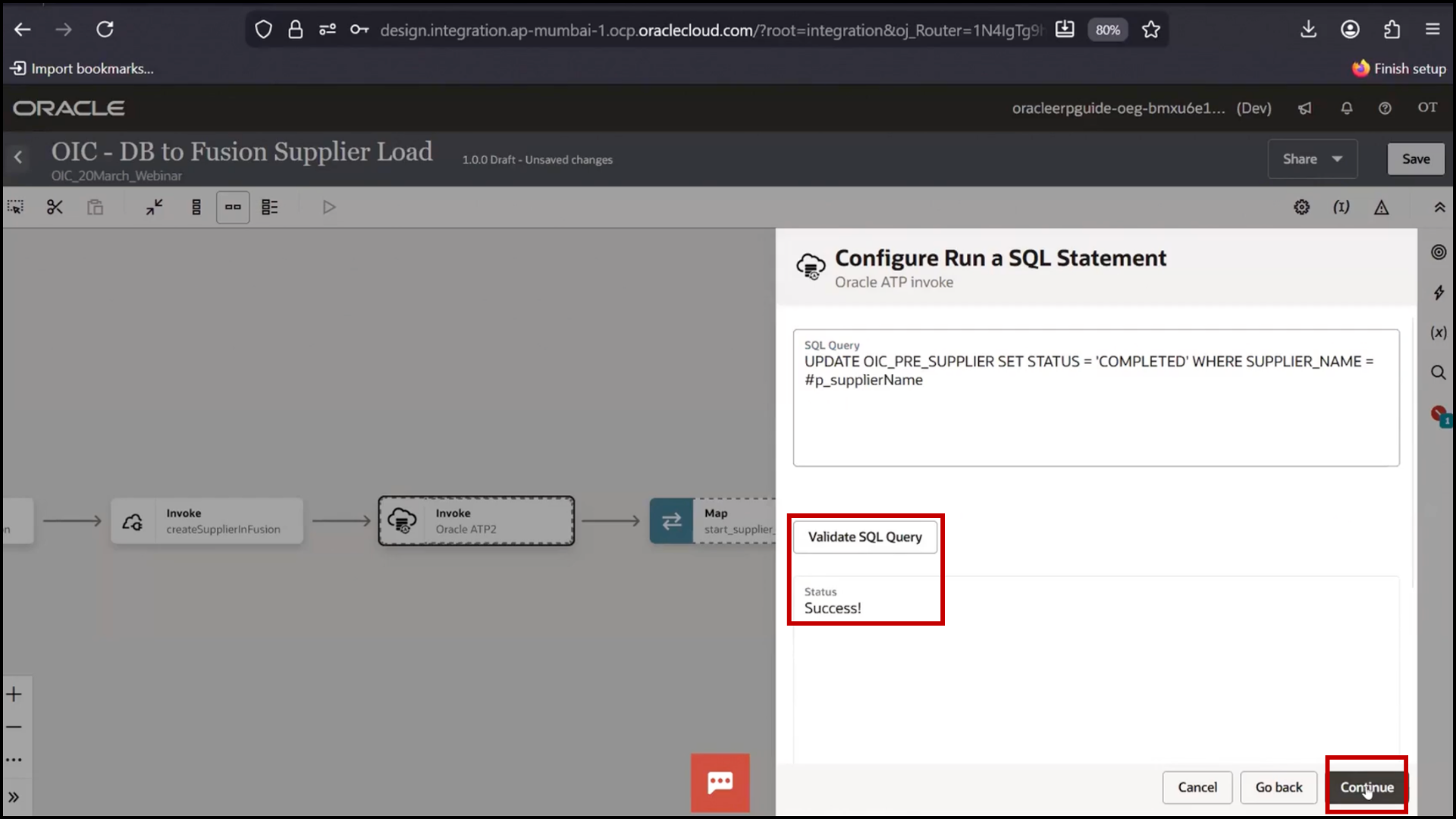 OIC SQL configuration screen clicking Validate and then Continue in Oracle Integration Cloud (OIC)