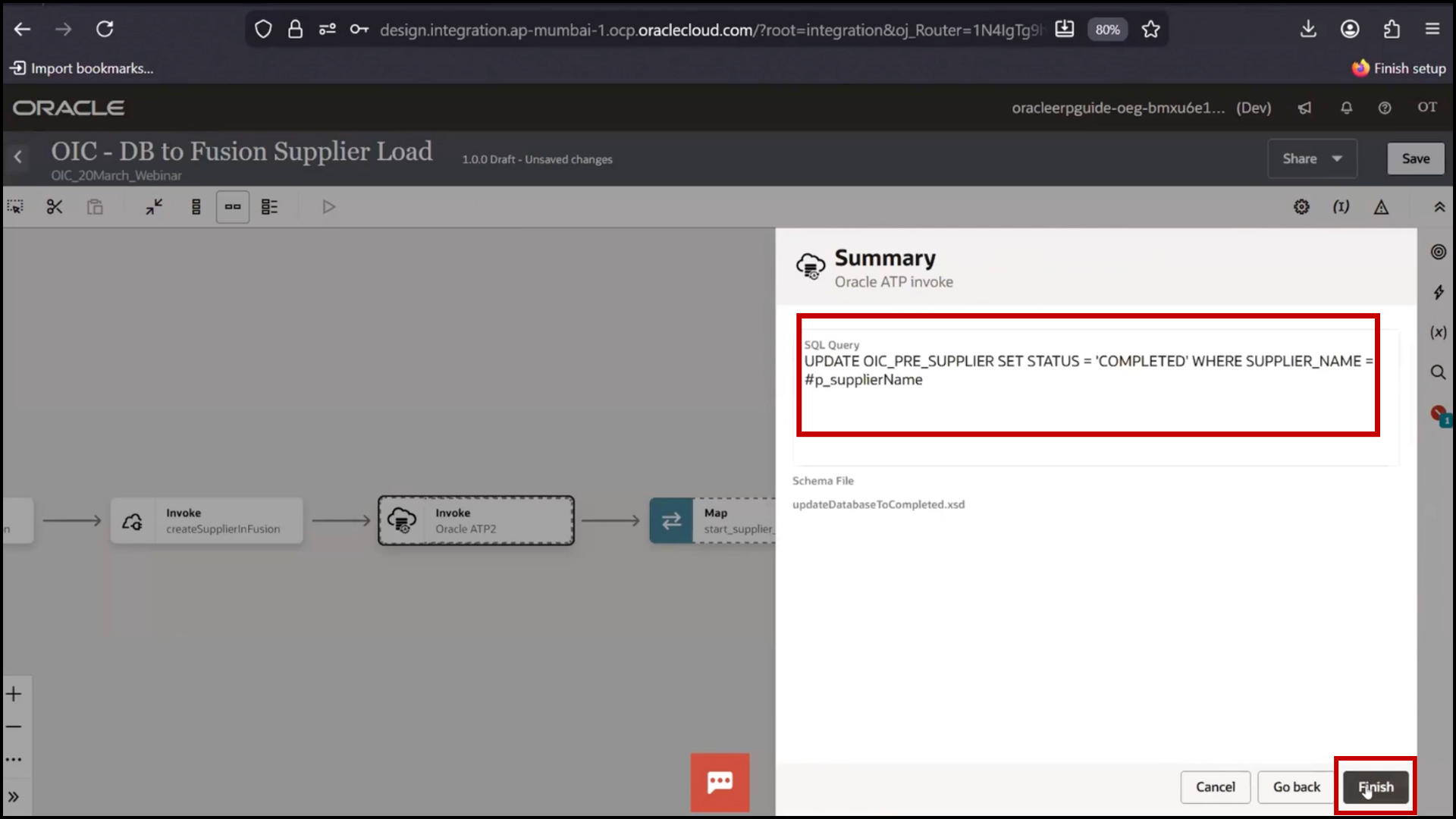 OIC database action screen clicking Finish to complete SQL configuration in Oracle Integration Cloud (OIC)