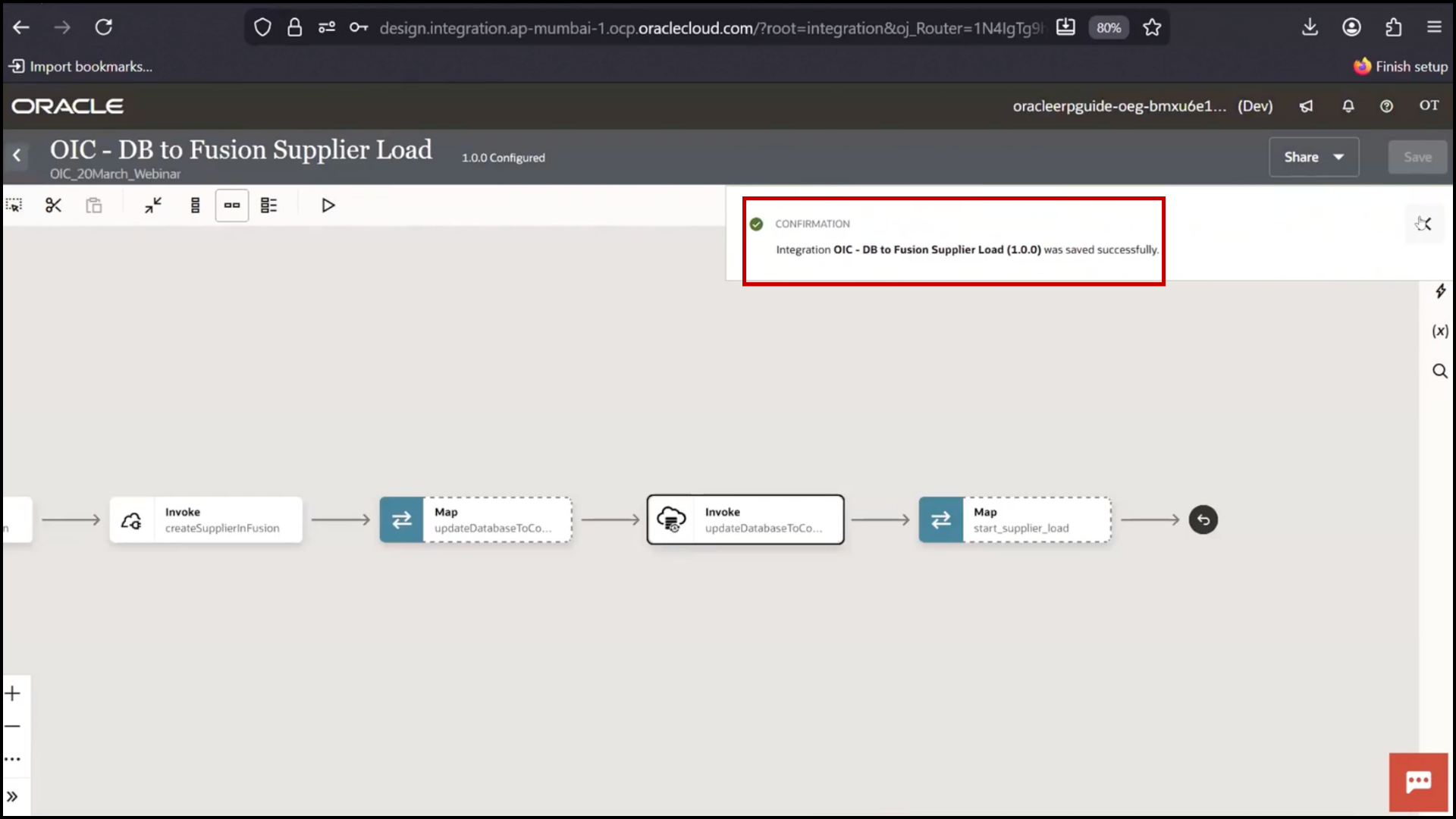 OIC mapper screen showing saved mapping configuration in Oracle Integration Cloud (OIC)