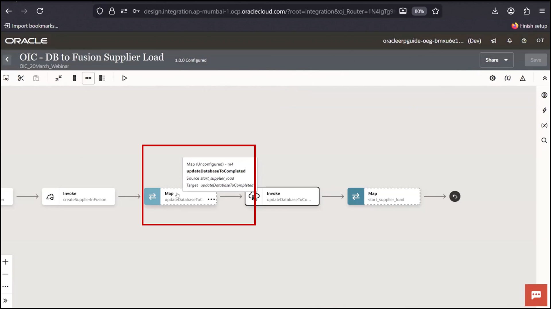 OIC integration screen opening mapper to configure data mapping in Oracle Integration Cloud (OIC)