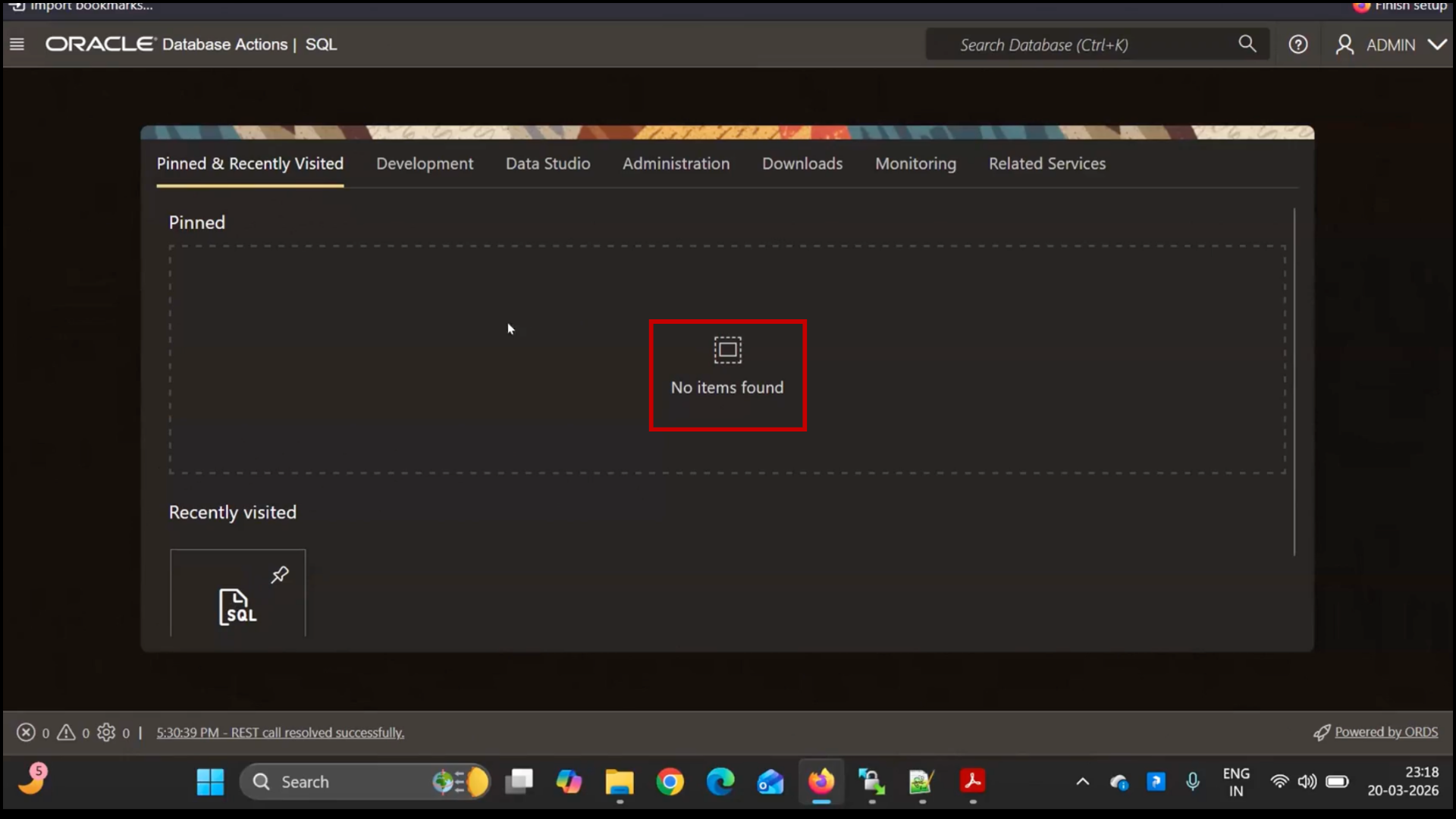 Switching to database SQL tool in Oracle Integration Cloud OIC instance