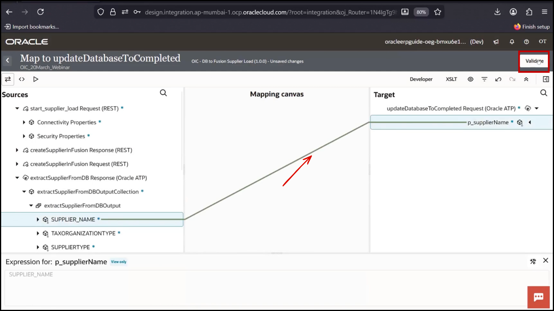 OIC mapper screen mapping Supplier Name to p_supplier and validating configuration in Oracle Integration Cloud (OIC)