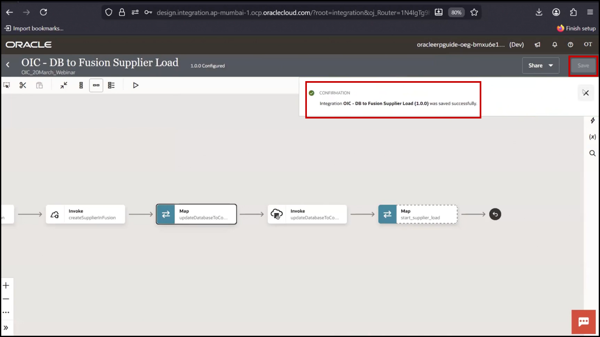 OIC mapper screen clicking Save to store mapping configuration in Oracle Integration Cloud (OIC)