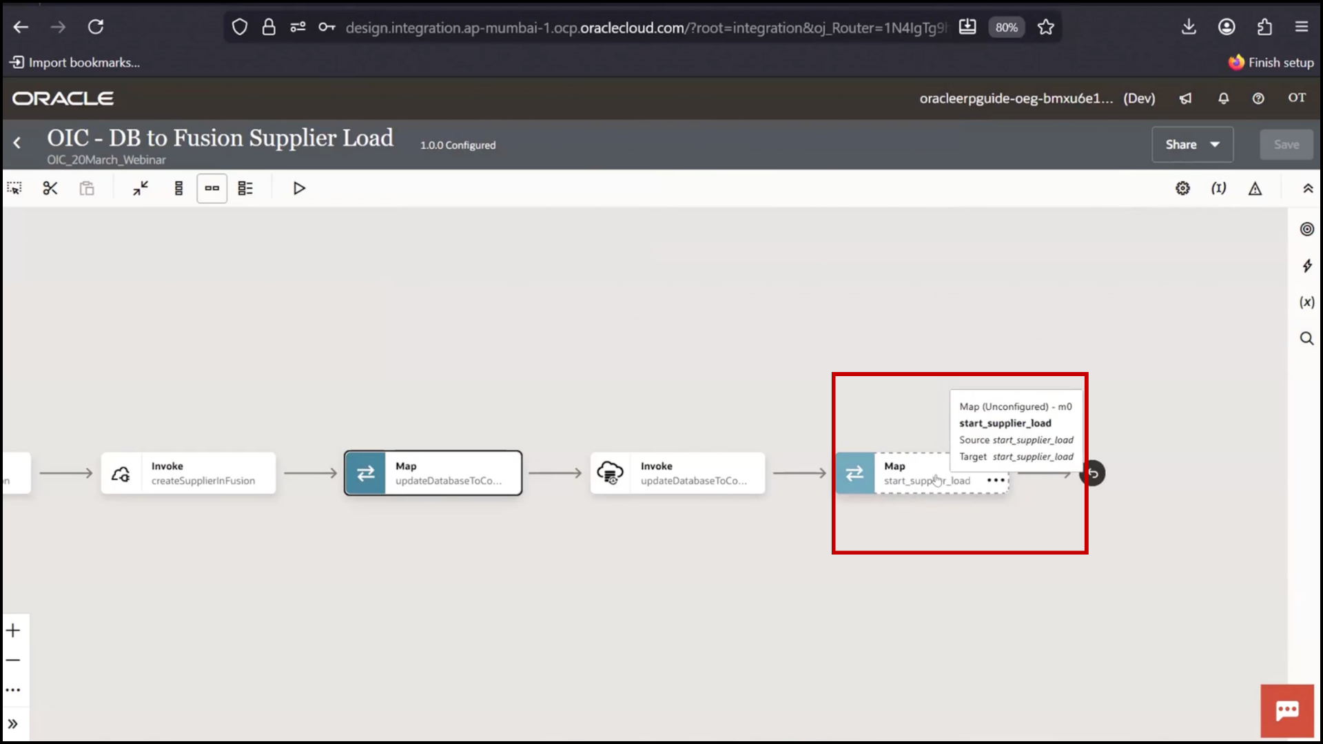 OIC integration screen: clicking on "mapper" to open data mapping configuration in Oracle Integration Cloud (OIC)
