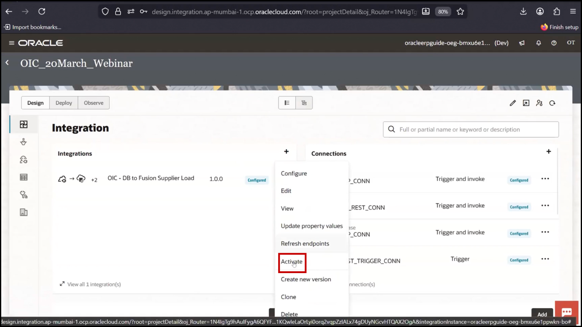 OIC integration activation screen clicking Activate to confirm deployment in Oracle Integration Cloud (OIC)