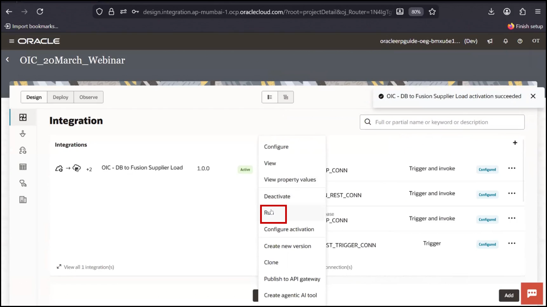 OIC integration screen clicking Run to execute the deployed integration in Oracle Integration Cloud (OIC)