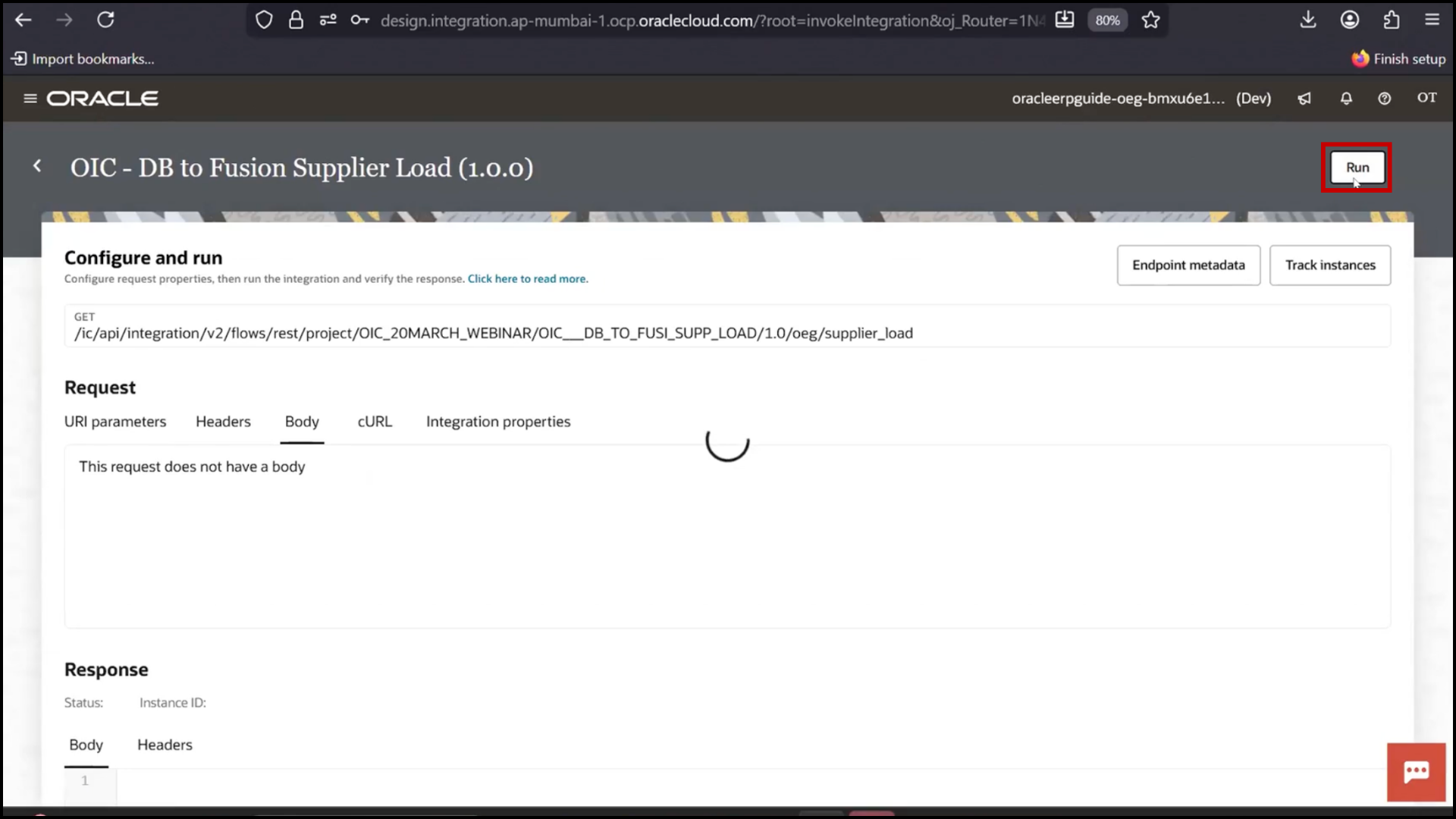 OIC integration screen clicking Run again to confirm execution in Oracle Integration Cloud (OIC)