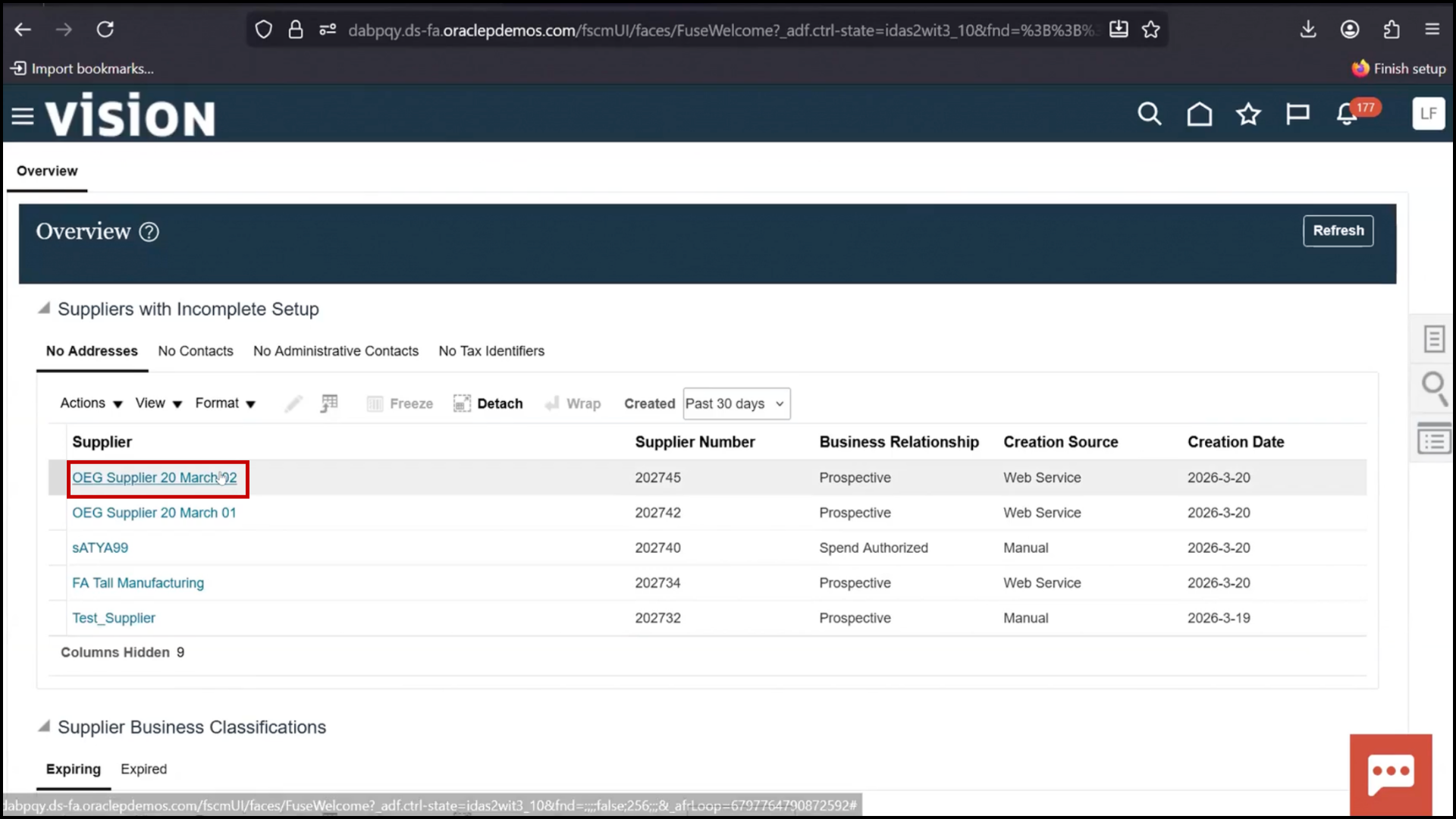 Oracle Fusion Applications screen clicking "Manage Suppliers" to access supplier management in Fusion