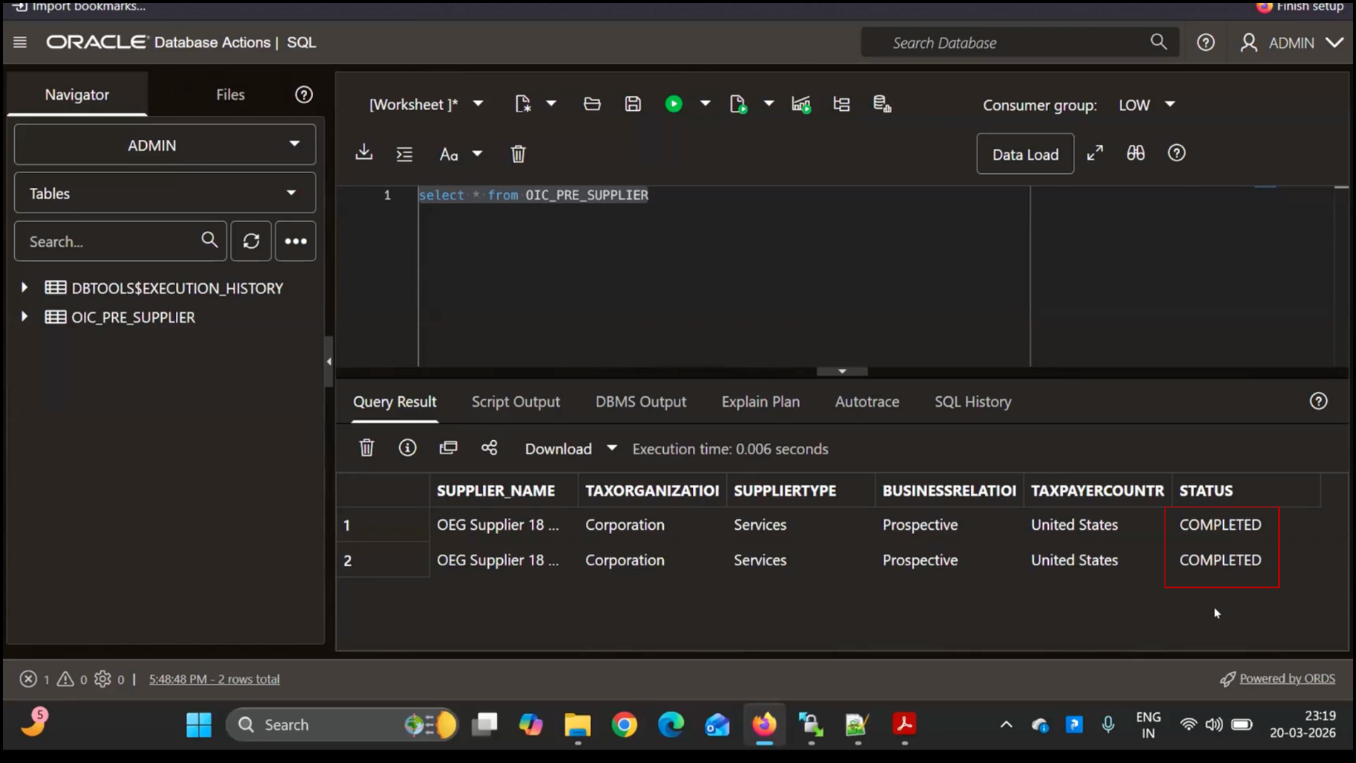 Executing SELECT query in OIC SQL editor and viewing completed records in output grid