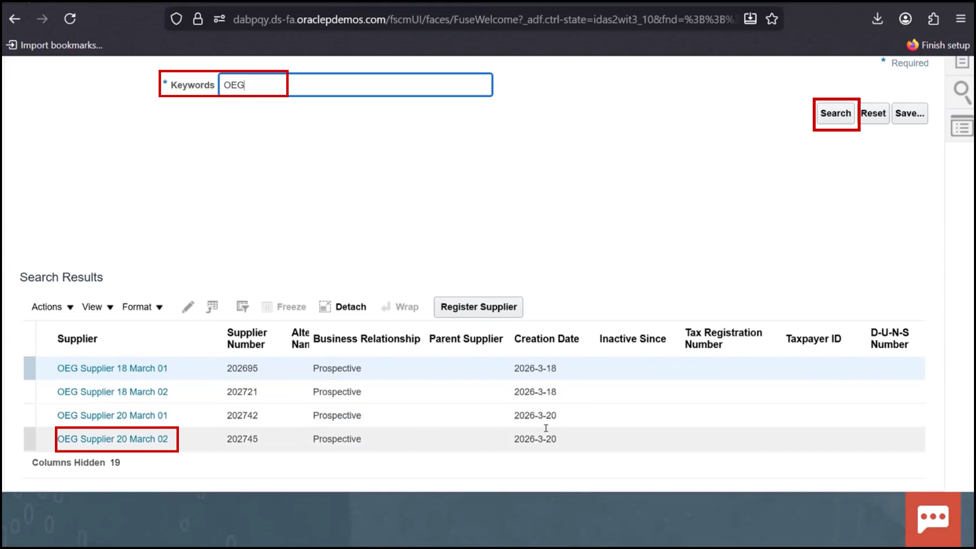 Oracle Fusion Applications supplier search screen: entering keyword OEG to find supplier records