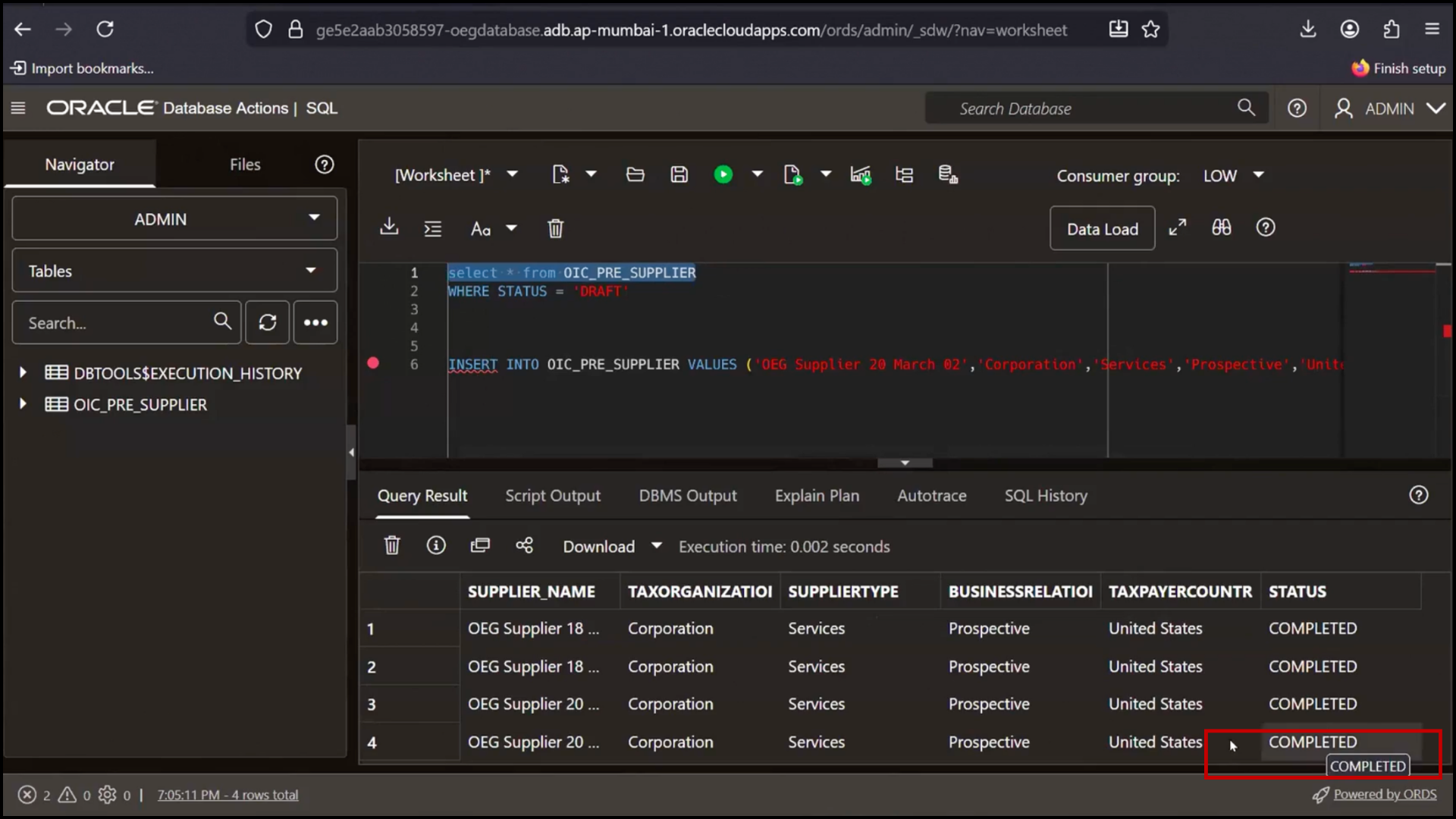 Oracle Fusion Applications supplier details screen verifying new supplier creation with status Completed