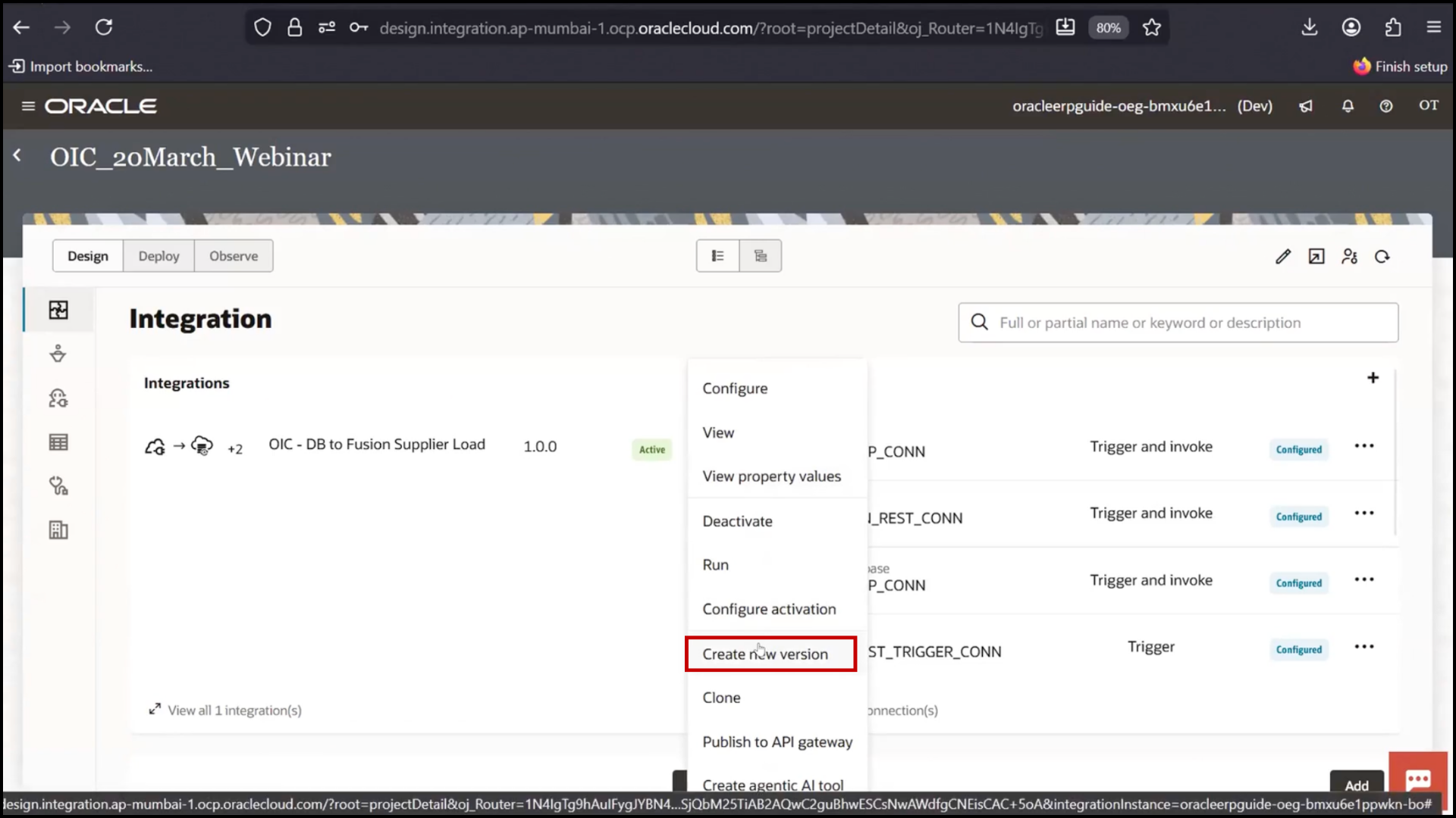 OIC integration screen: navigating to existing integration and clicking Create Version to make a new version in Oracle Integration Cloud (OIC)