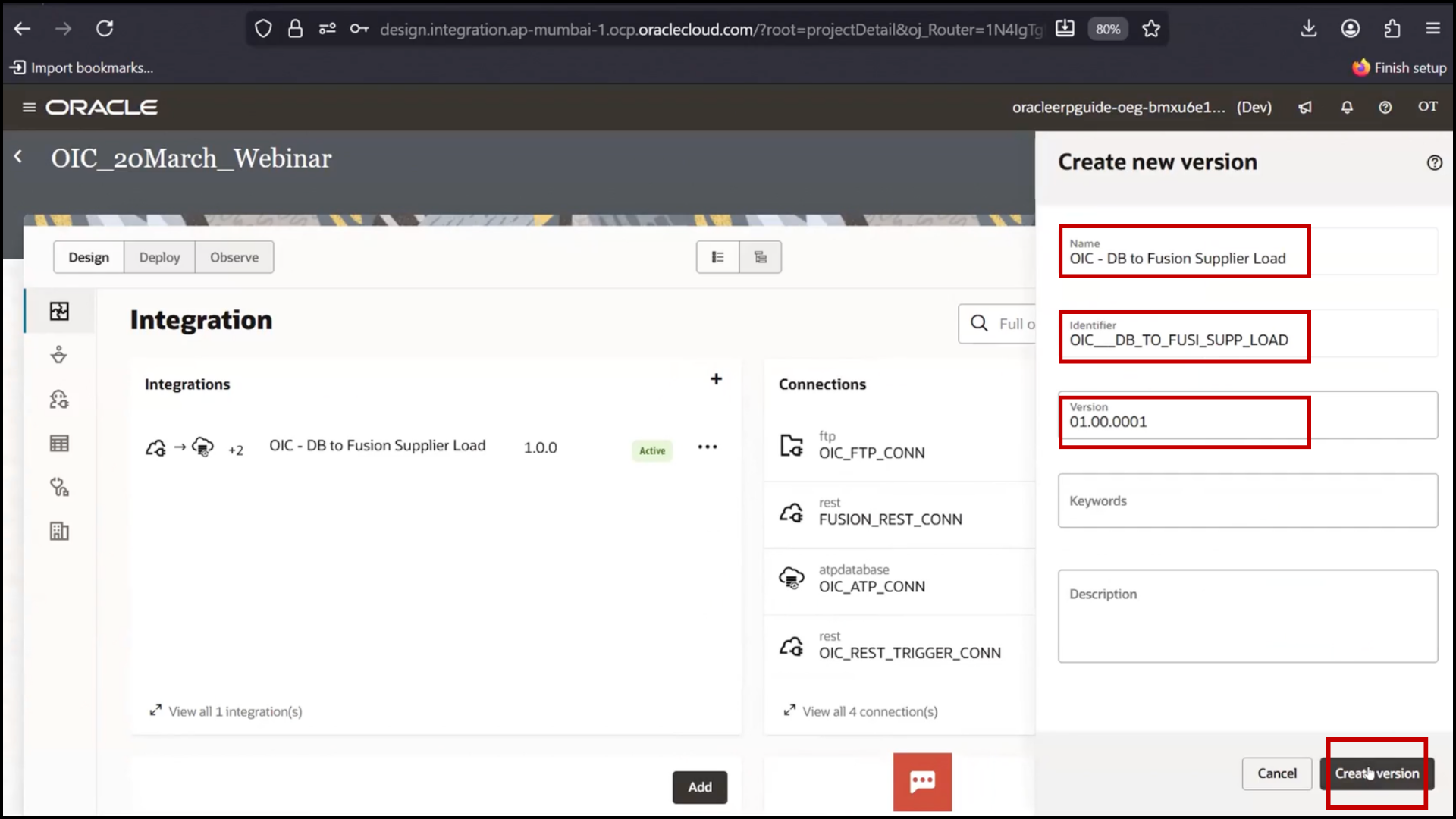 OIC integration versioning screen entering version name 1.01 and clicking "Create Version" in Oracle Integration Cloud (OIC)