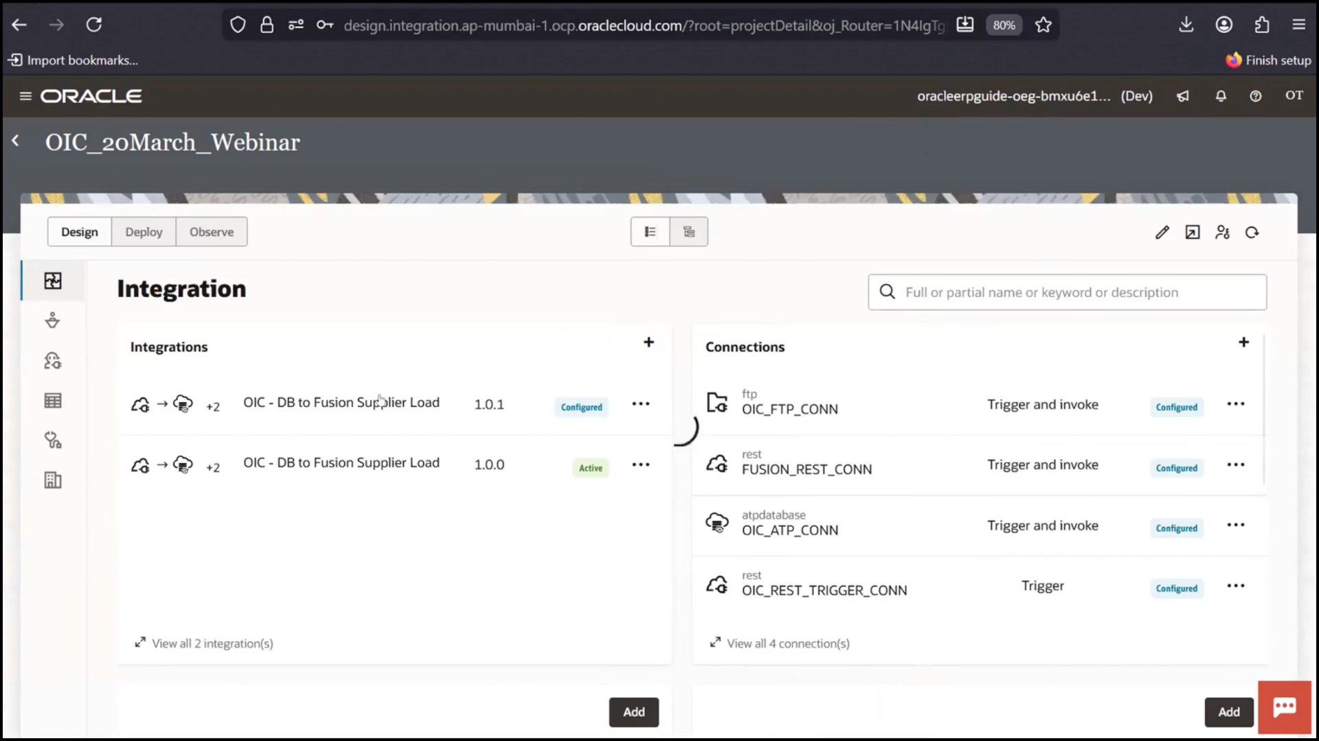 OIC integrations list screen showing both old and new versions of the integration in Oracle Integration Cloud (OIC)