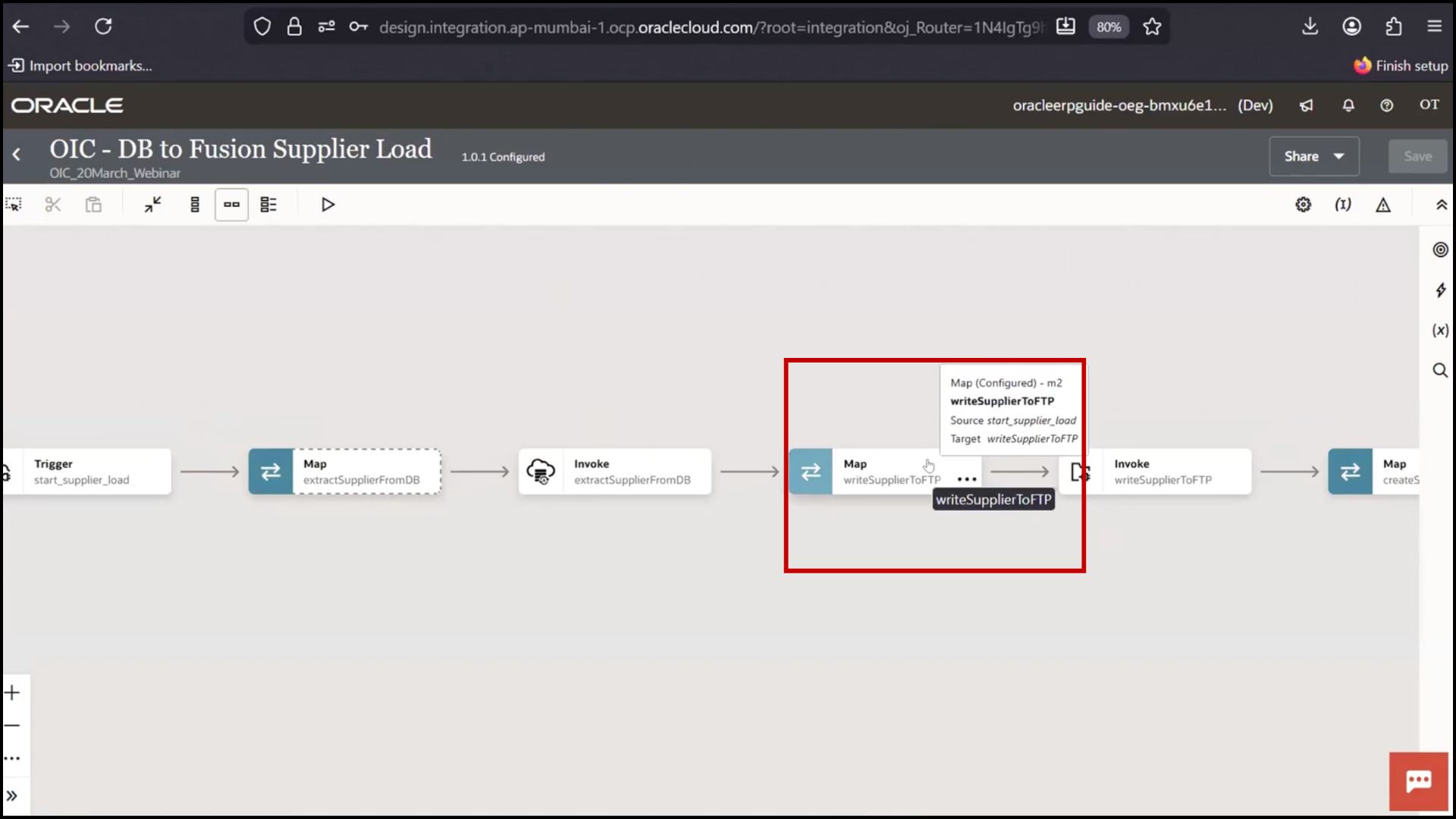 OIC integration screen opening the new version and navigating to mapper section in Oracle Integration Cloud (OIC)