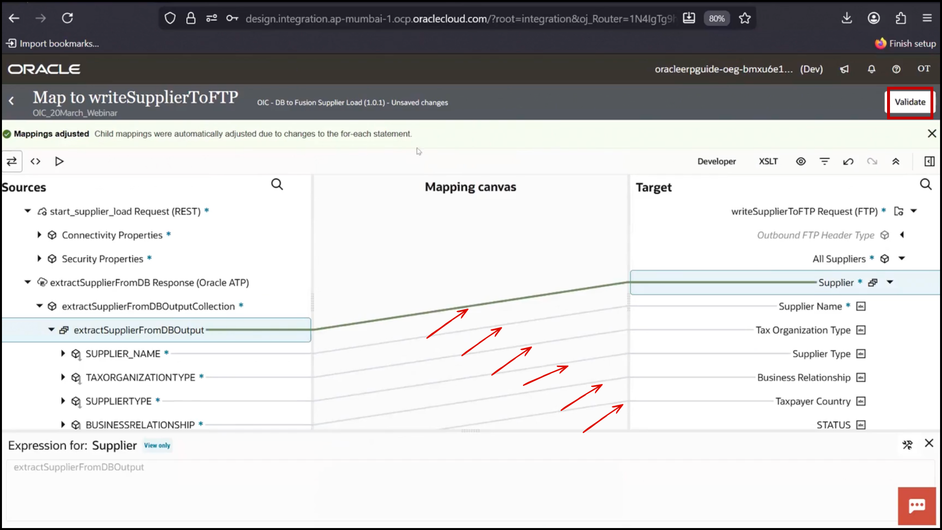 OIC mapper screen showing both source and target structures supporting multiple records in Oracle Integration Cloud (OIC)
