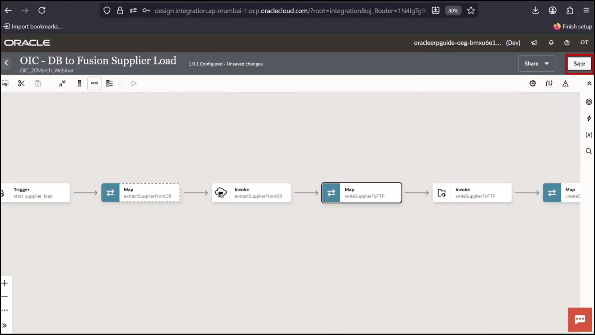 OIC mapper screen noting requirement for looping in Fusion creation and saving configuration in Oracle Integration Cloud (OIC)
