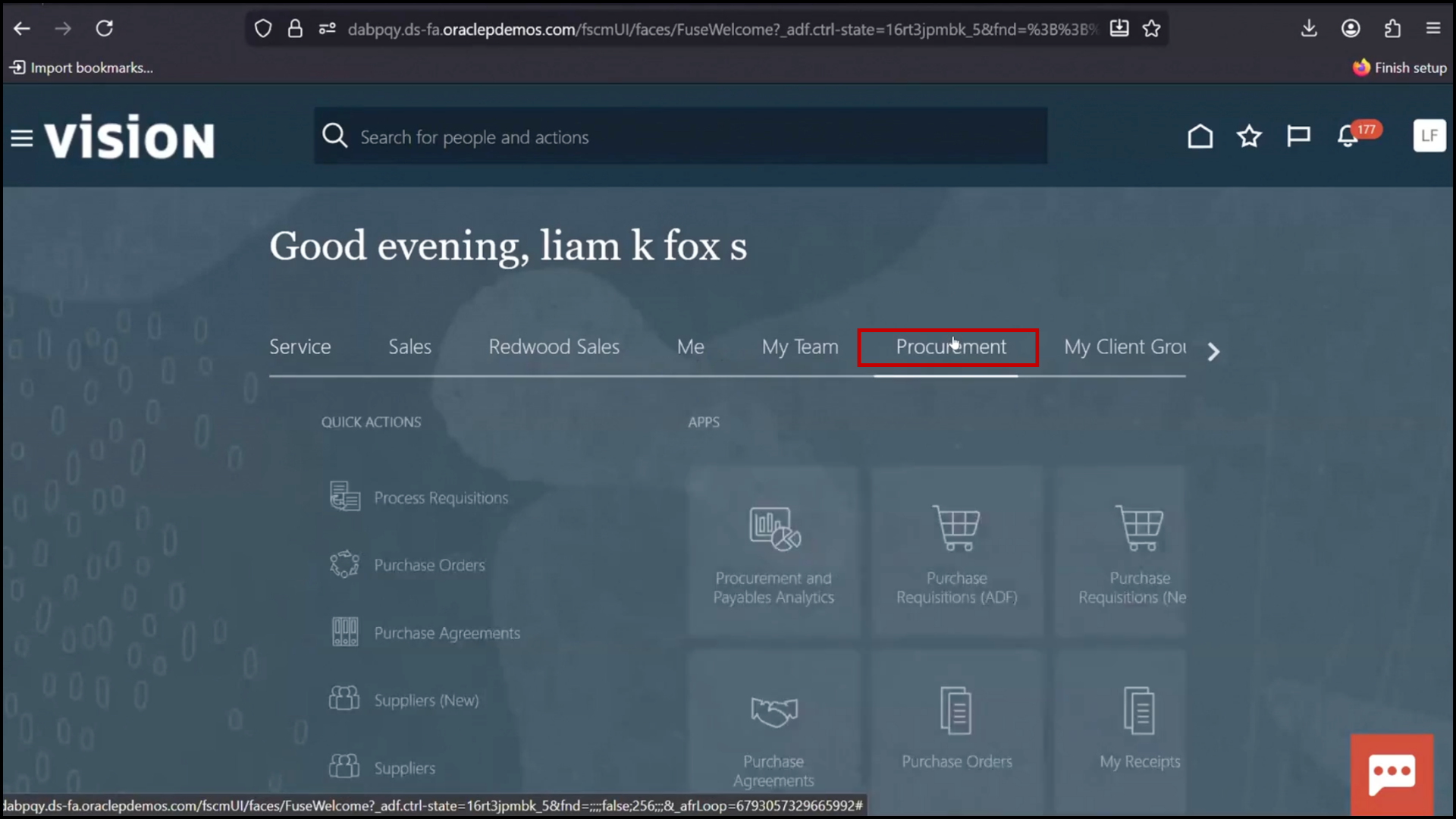 New draft record in OIC instance and clicking Procurement in Oracle Fusion