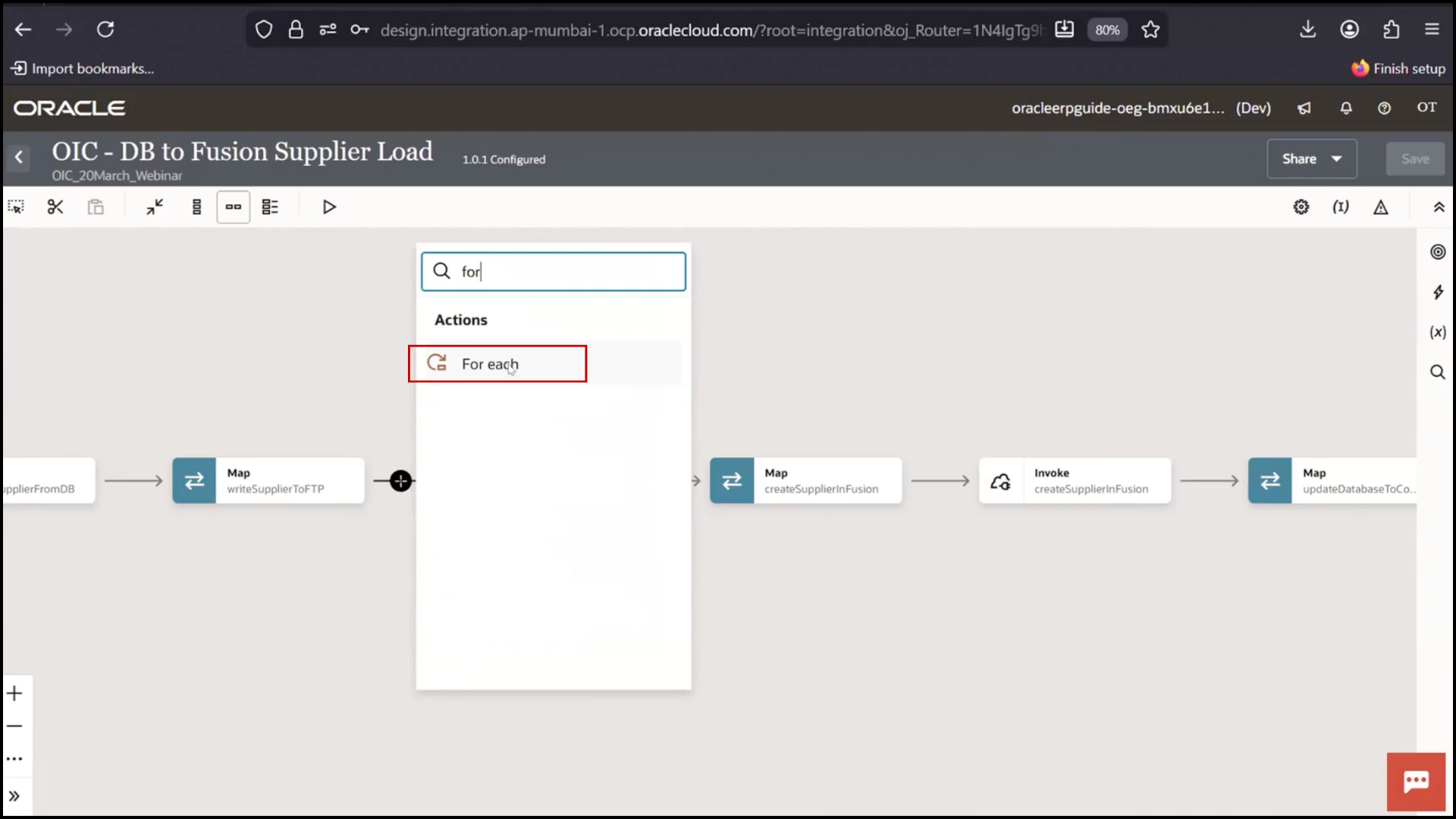 OIC integration flow screen navigating to Actions section and locating For Each under Logic in Oracle Integration Cloud (OIC)