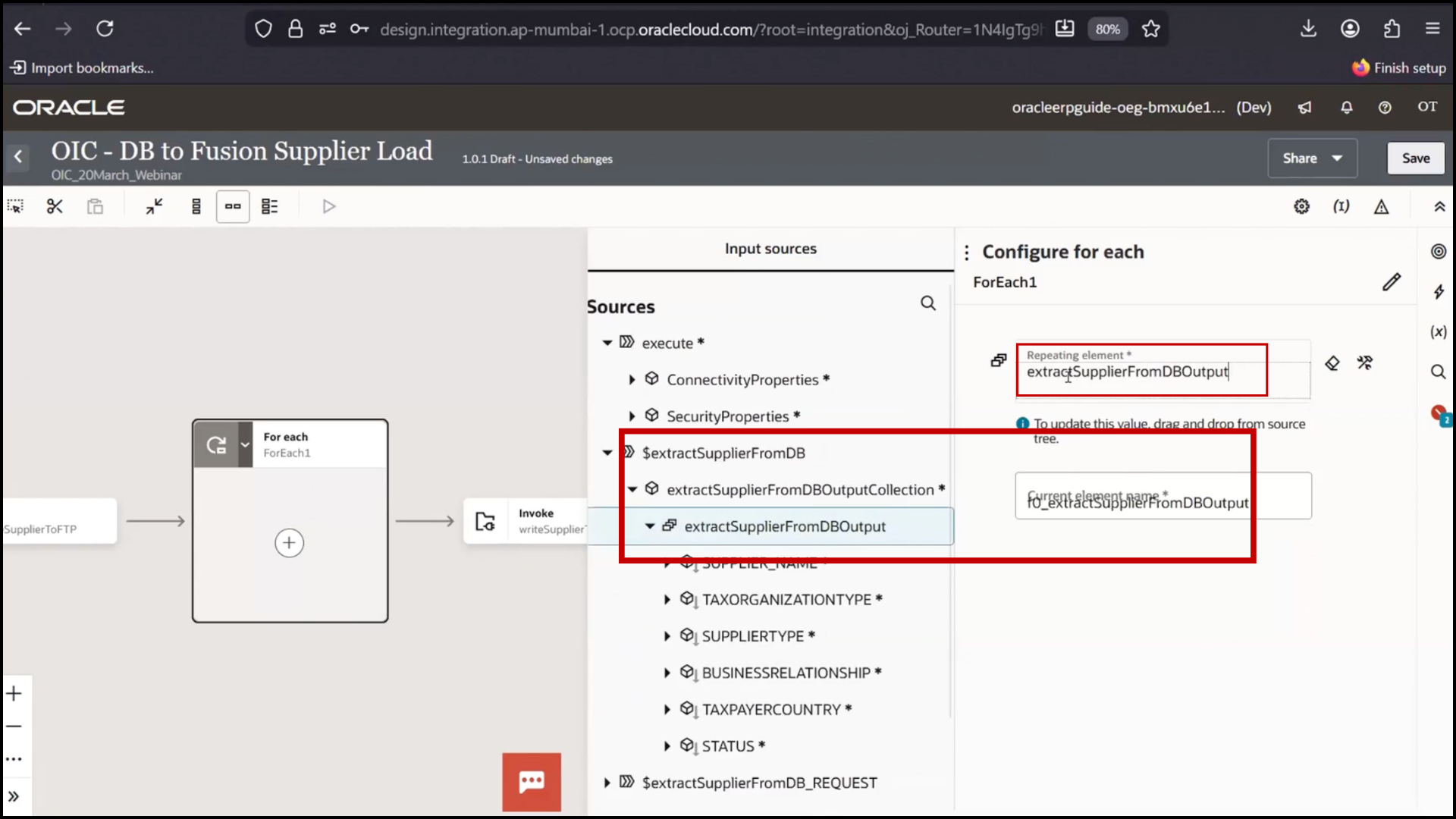OIC integration flow screen adding For Each action by drag and drop or using plus button in Oracle Integration Cloud (OIC)