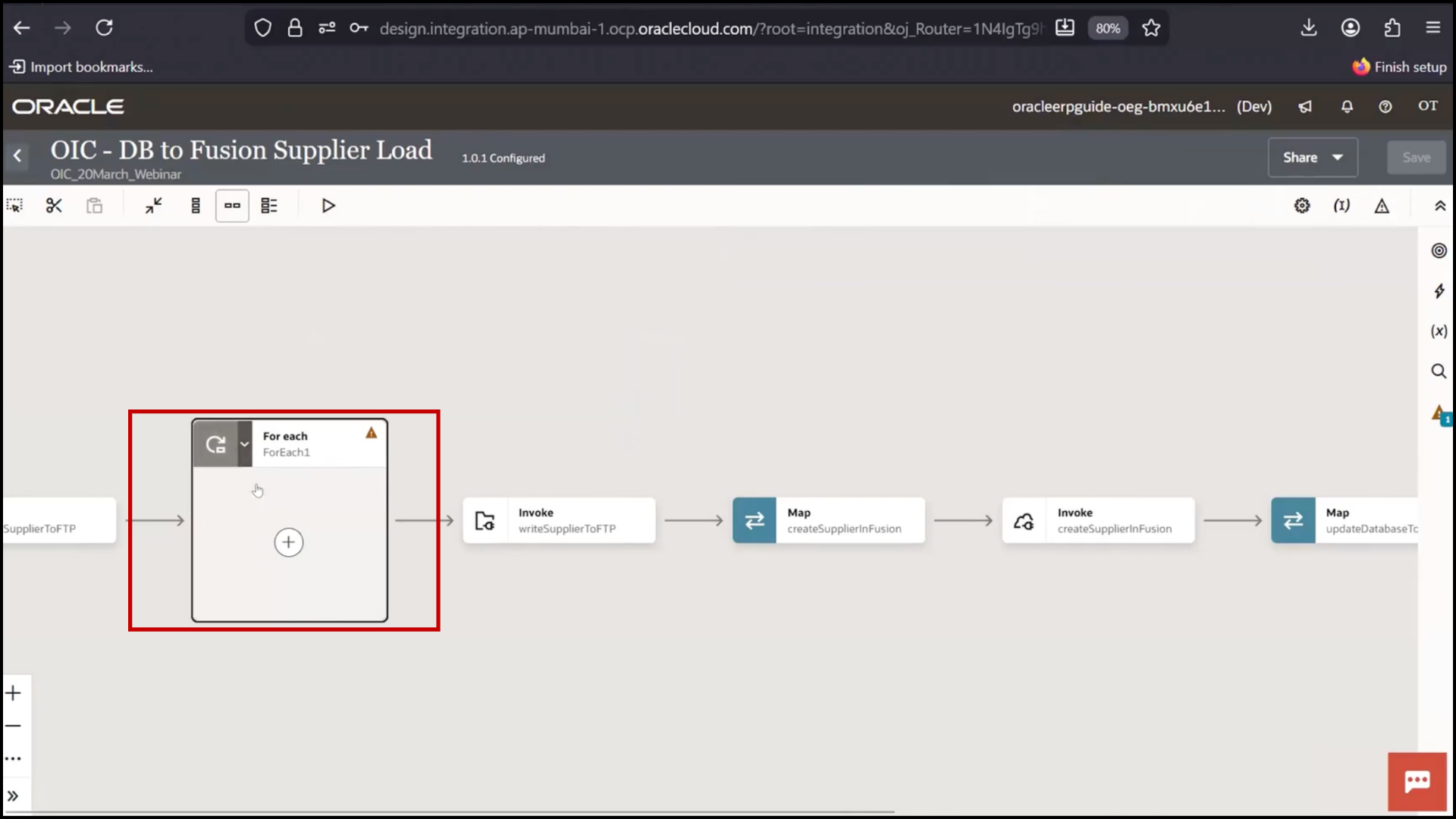 OIC actions panel searching and selecting For Each to add looping logic in Oracle Integration Cloud (OIC)
