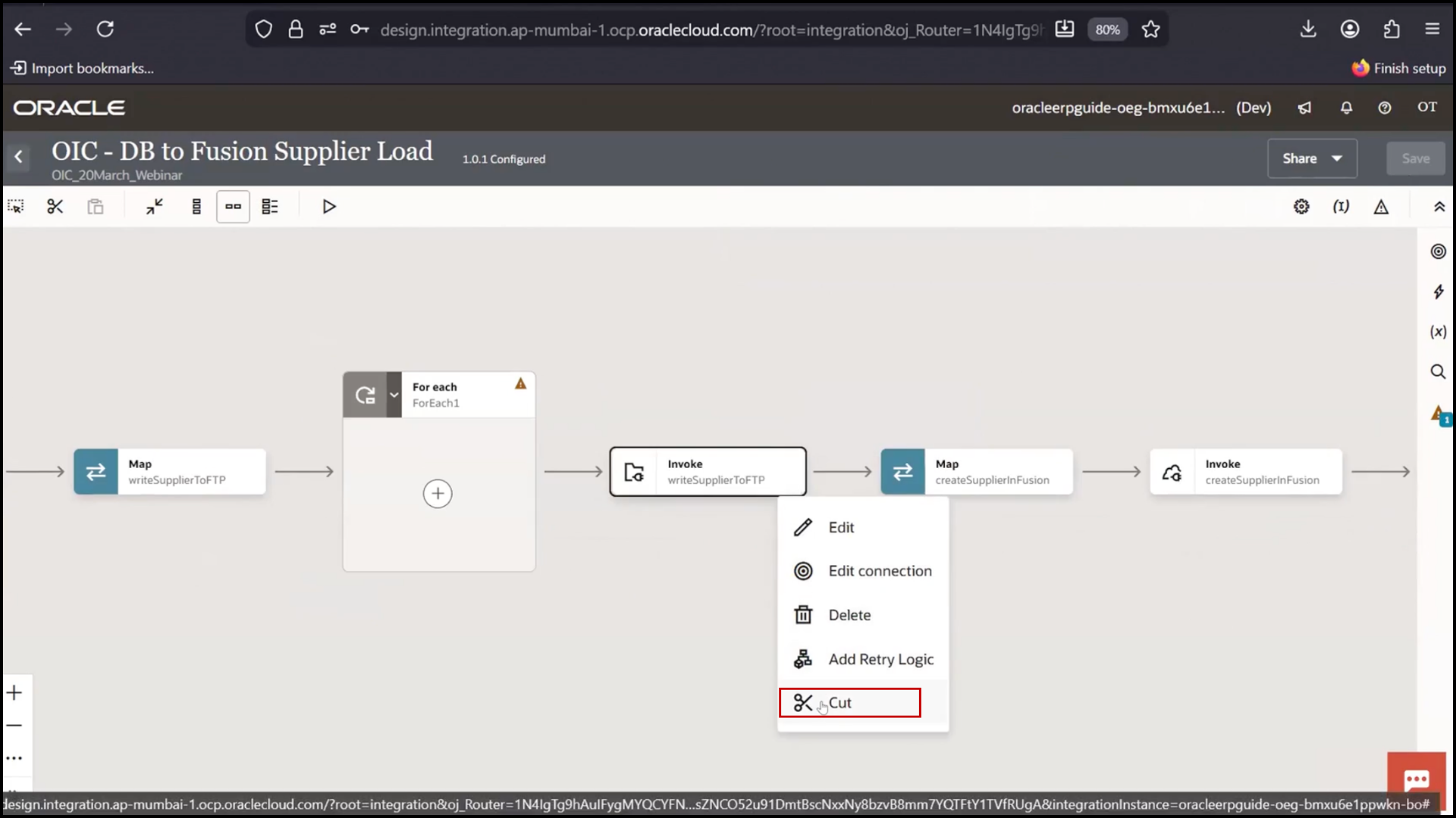 OIC integration flow screen moving For Each action to correct position and clicking Paste in Oracle Integration Cloud (OIC)