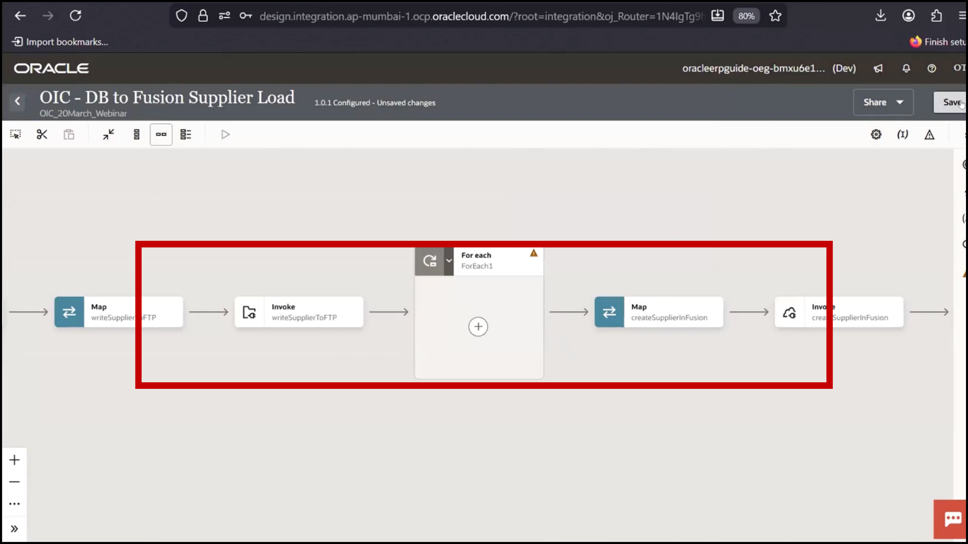 OIC integration flow screen clicking Save to store changes after adding For Each loop in Oracle Integration Cloud (OIC)
