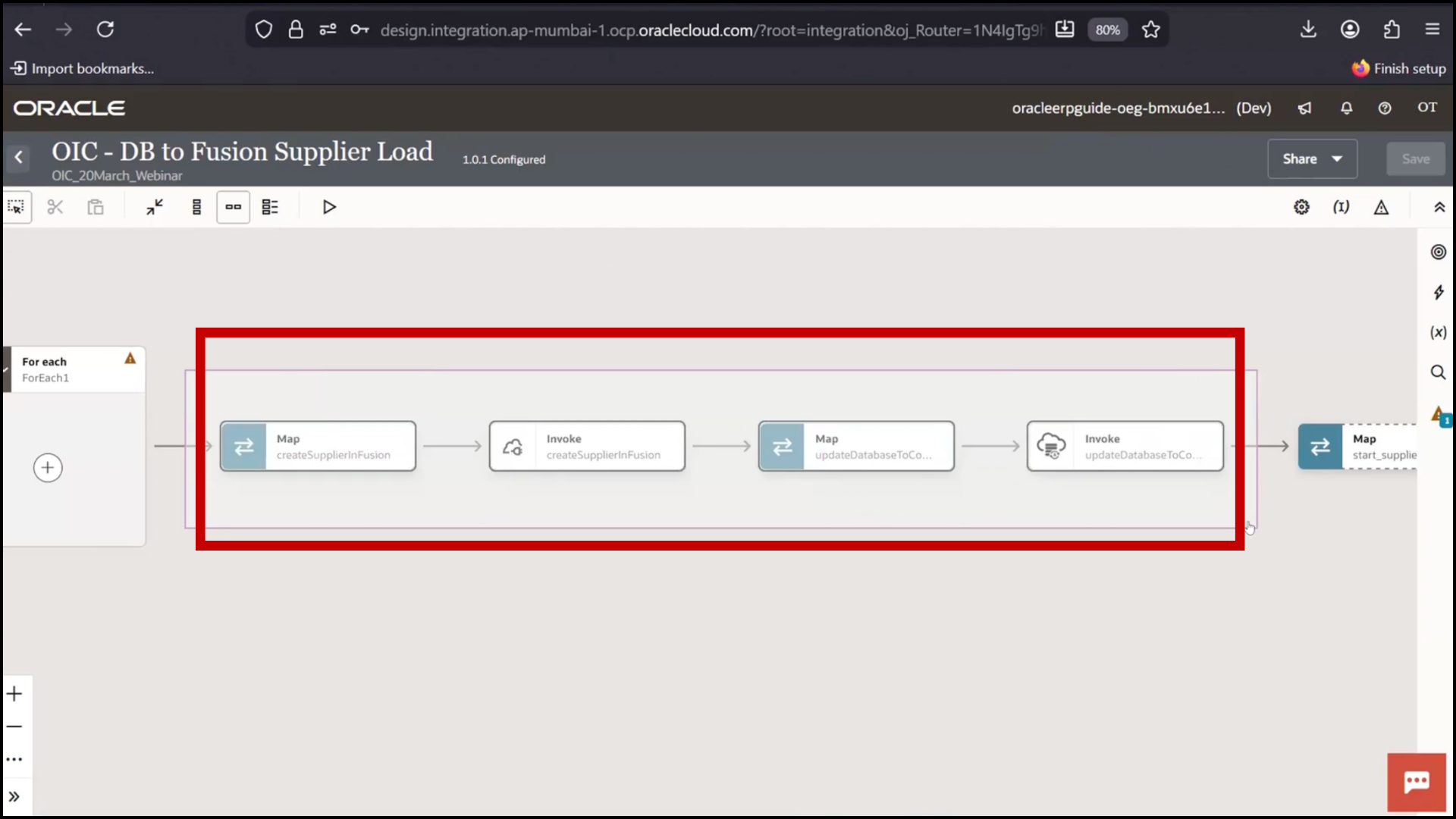 OIC integration flow screen selecting multiple steps including Fusion and database update actions in Oracle Integration Cloud (OIC)