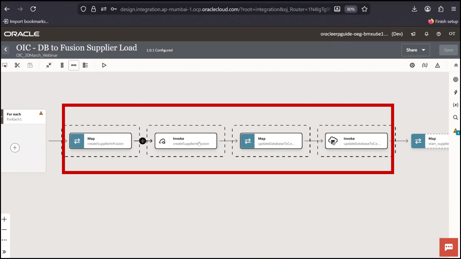 OIC integration flow screen adding steps inside For Each loop and pasting selected actions in Oracle Integration Cloud (OIC)