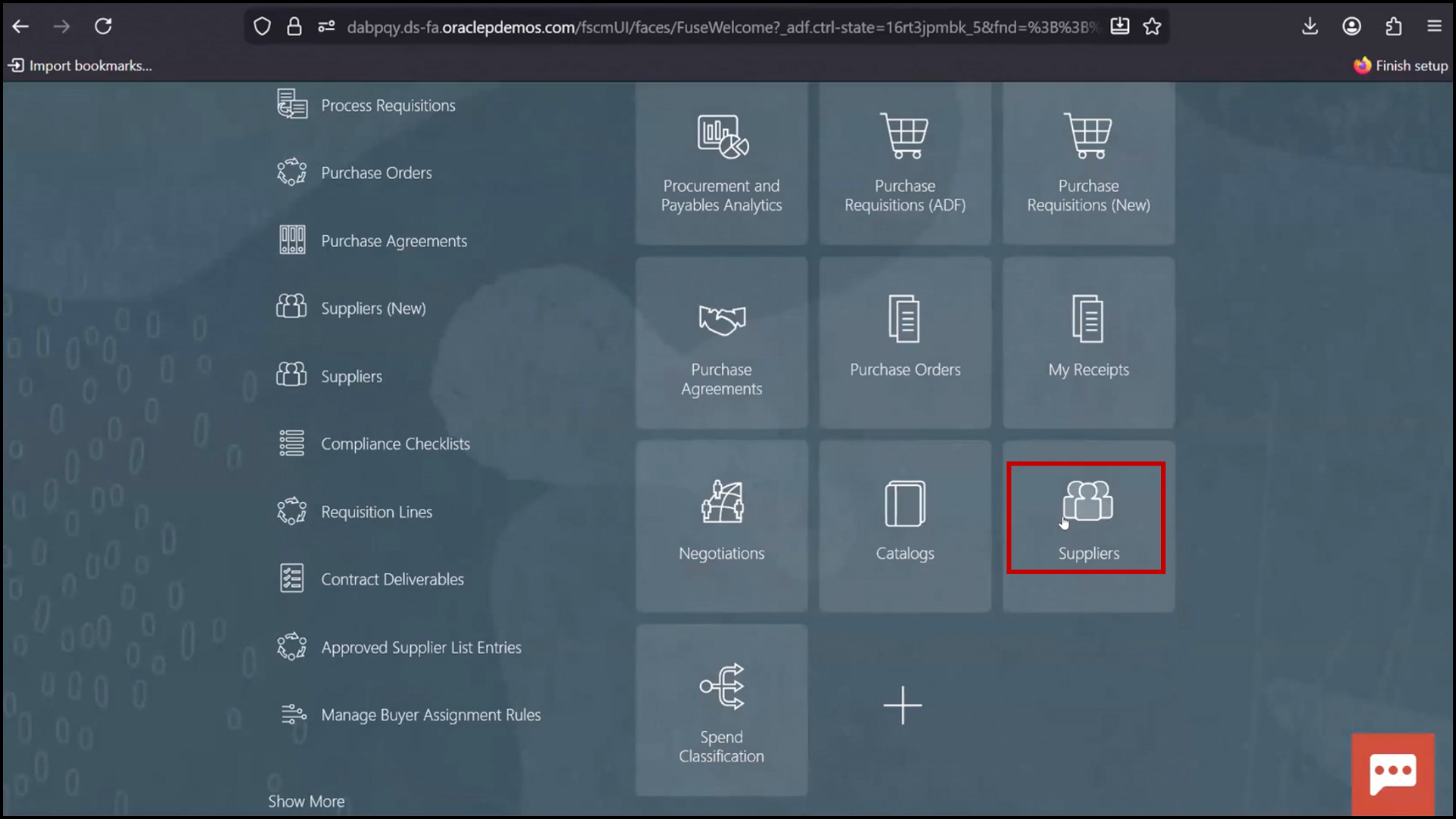 Clicking Suppliers in Oracle Fusion Procurement module