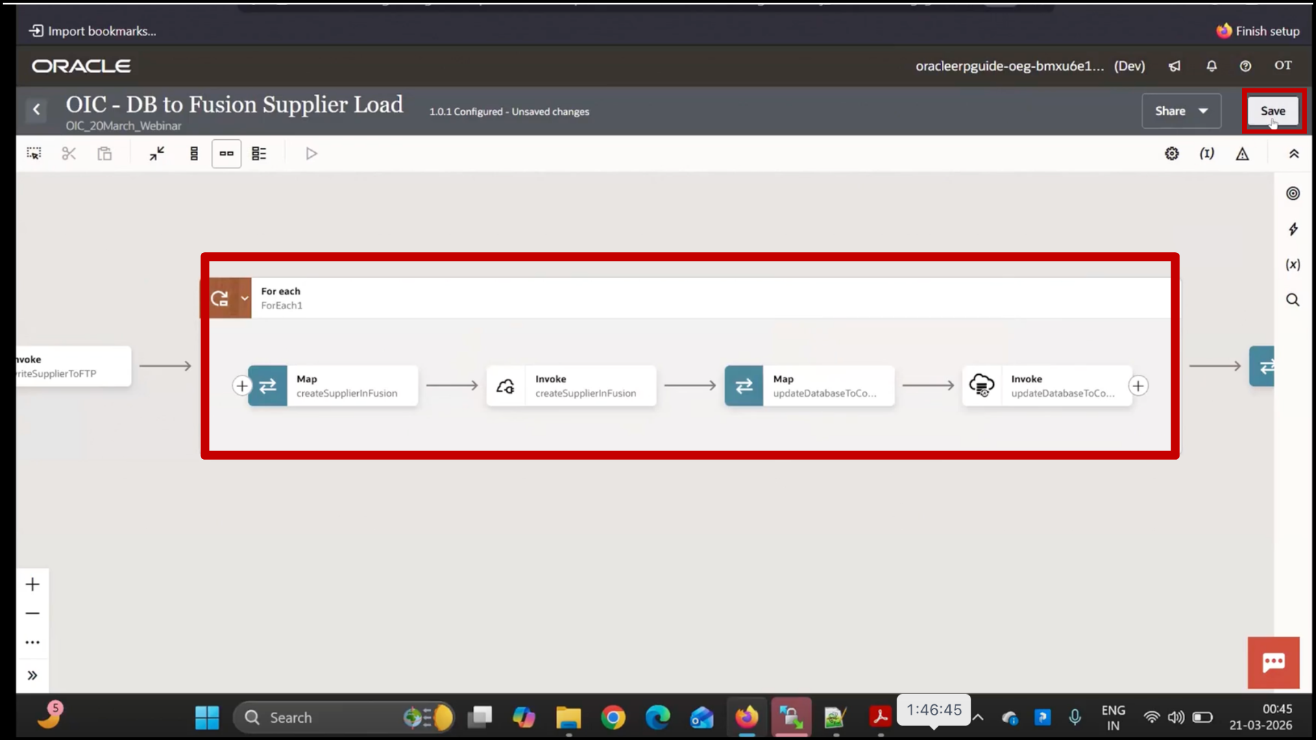 OIC integration flow screen clicking Save to store loop configuration changes in Oracle Integration Cloud (OIC)
