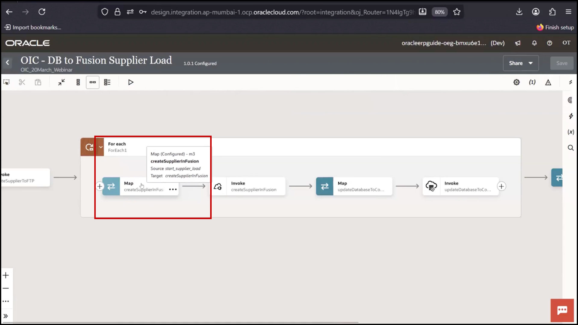 OIC integration flow screen opening mapper for Fusion step to configure data mapping in Oracle Integration Cloud (OIC)