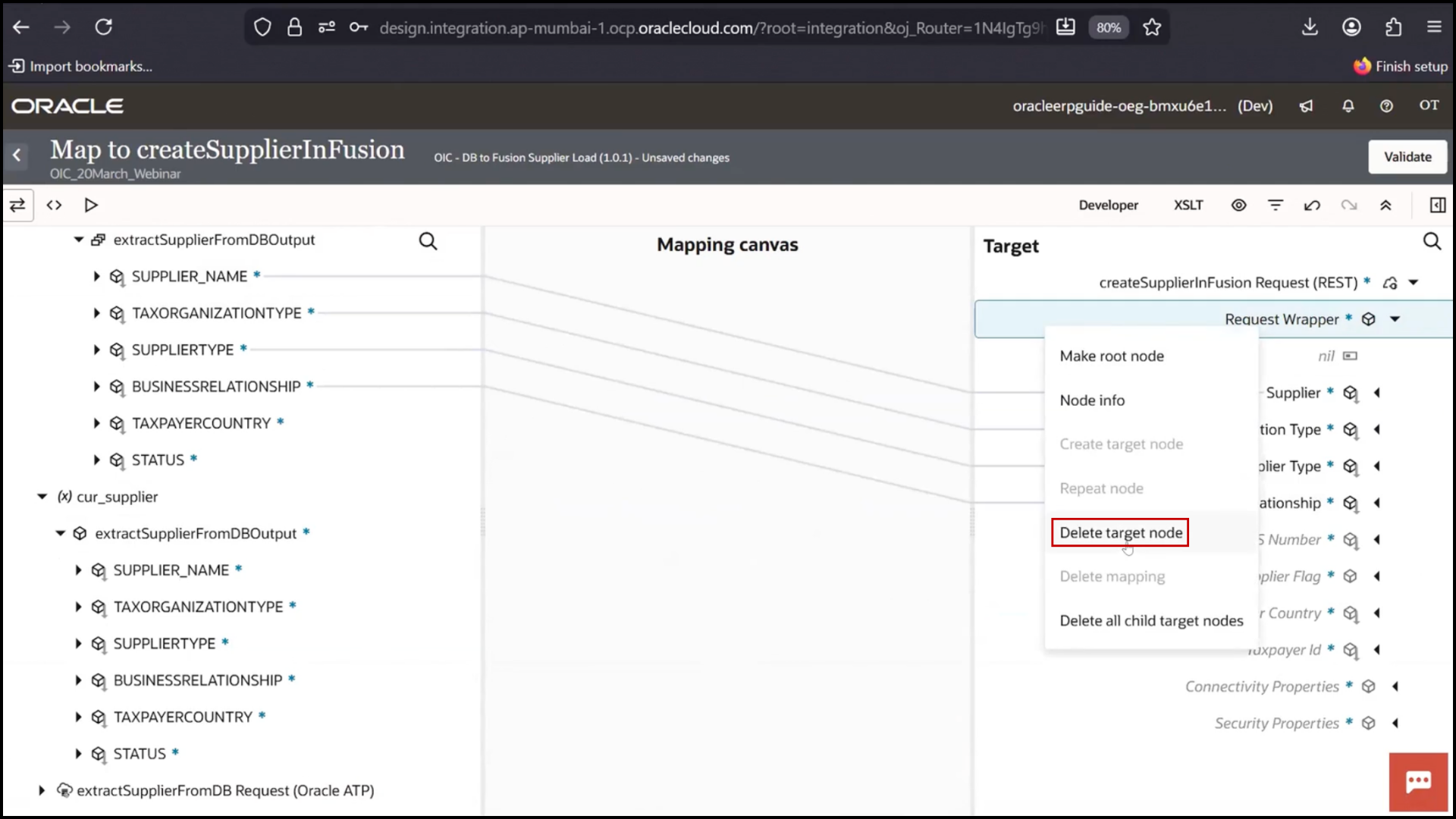 OIC mapper screen removing existing mappings to redefine data transformation in Oracle Integration Cloud (OIC)