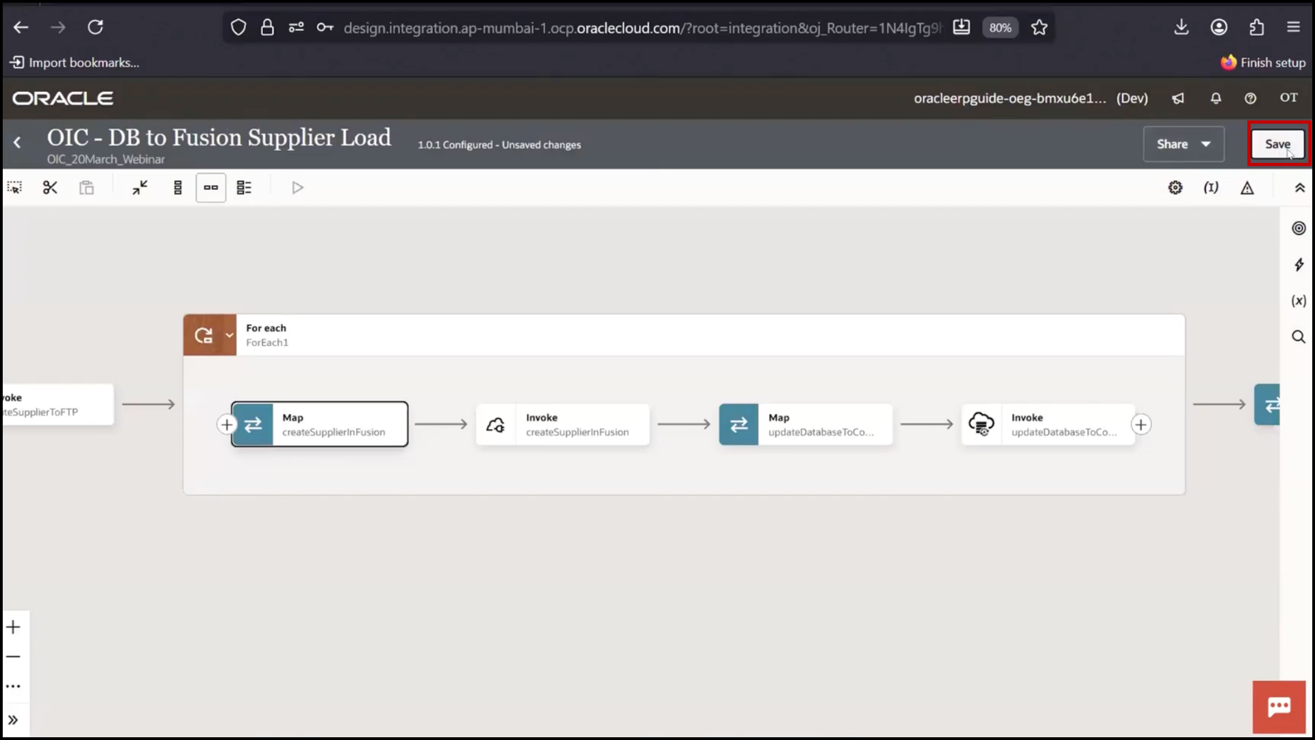OIC mapper screen clicking Save to store updated mapping configuration in Oracle Integration Cloud (OIC)