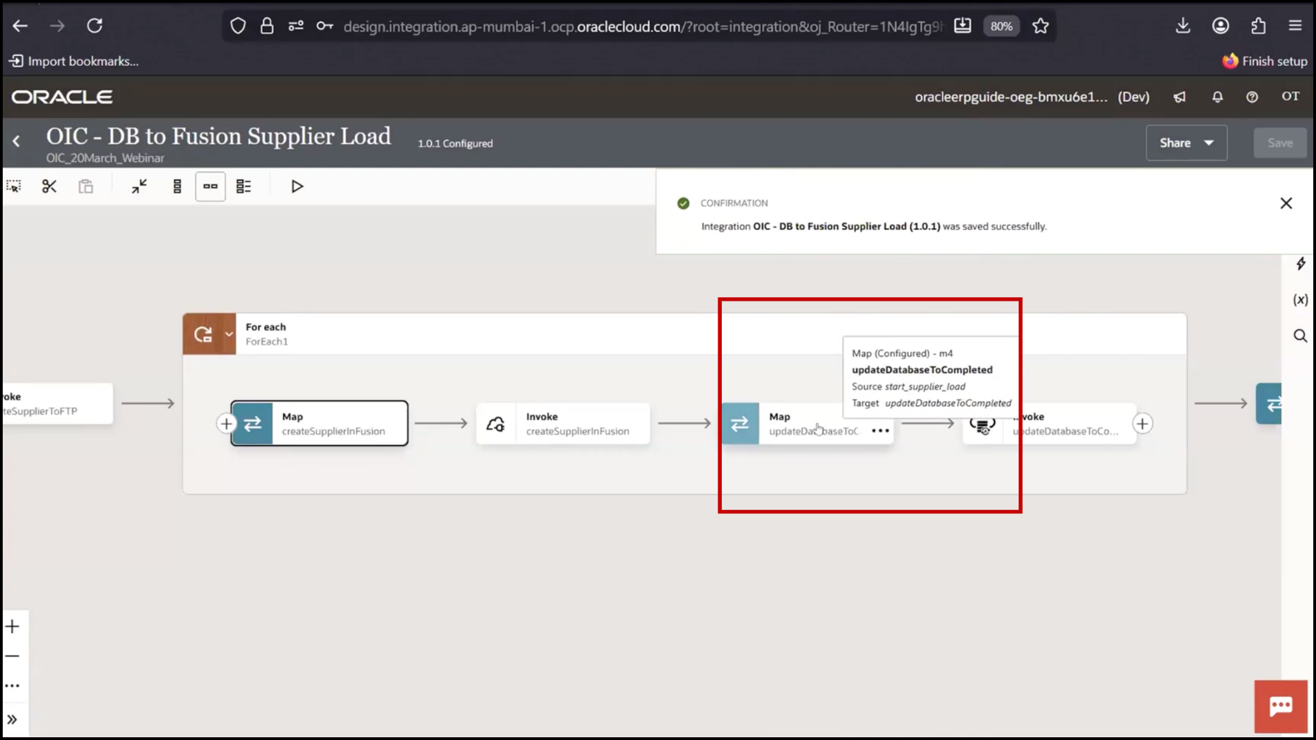 OIC integration flow screen opening mapper for database update step to configure data mapping in Oracle Integration Cloud (OIC)