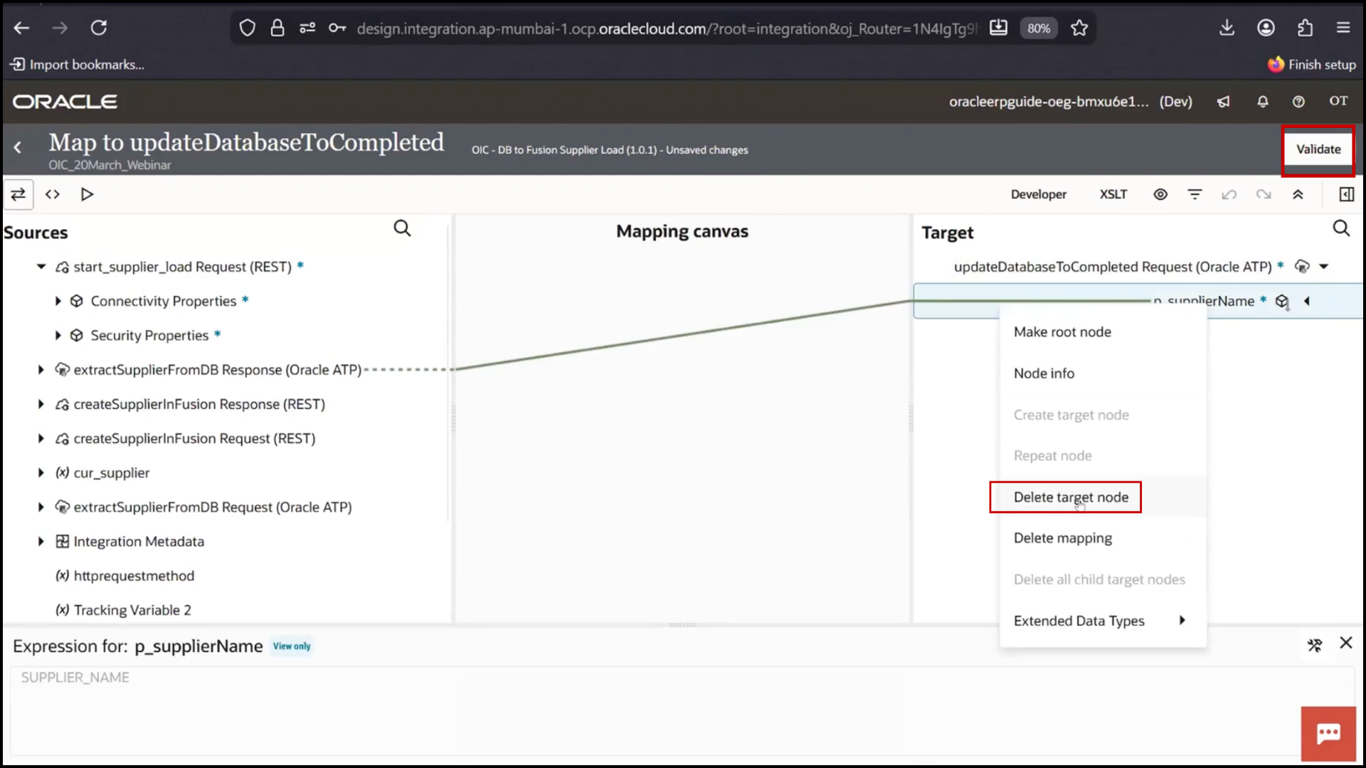 OIC mapper screen removing old mapping from DB response to update transformation logic in Oracle Integration Cloud (OIC)