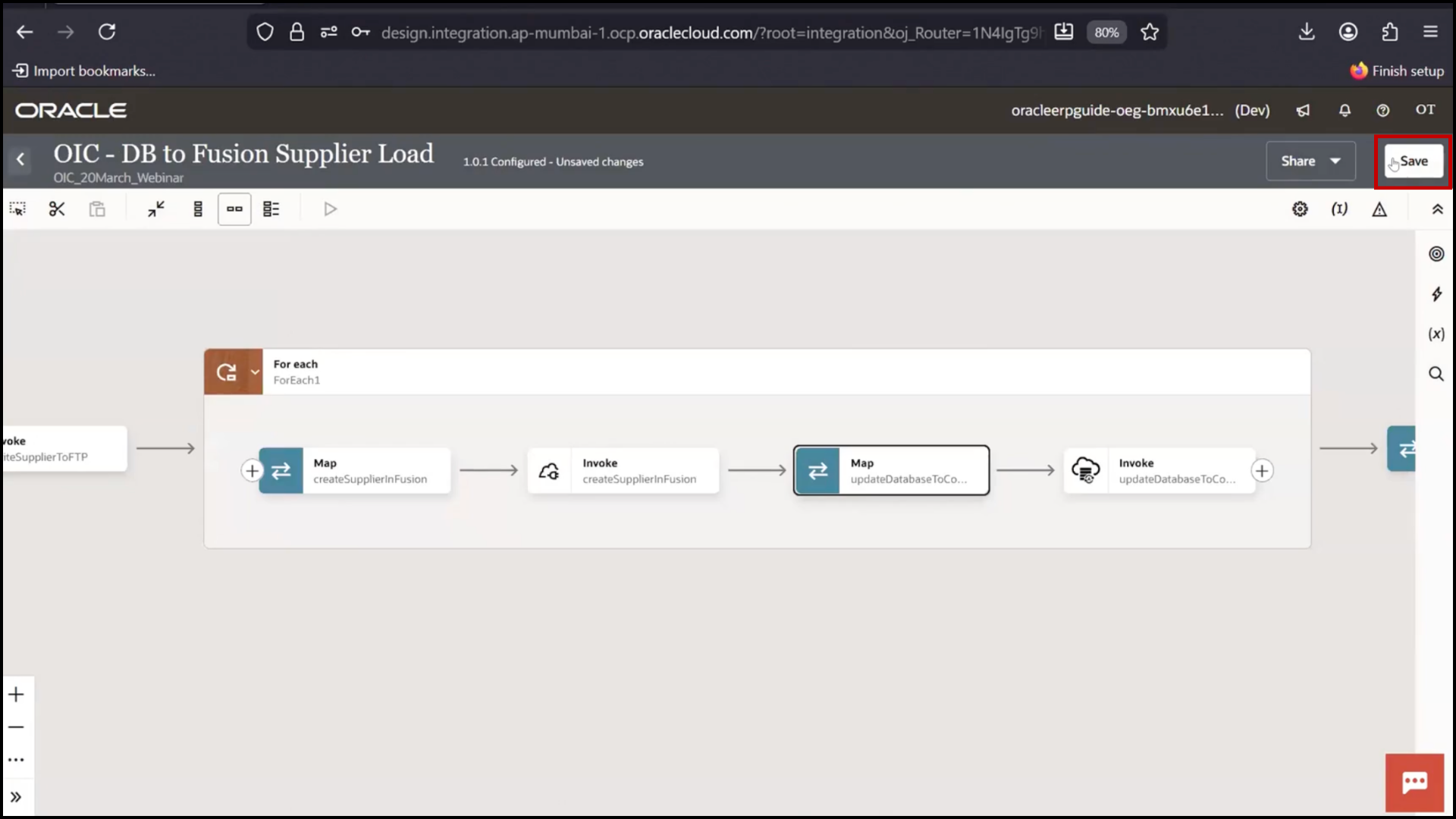 OIC mapper screen clicking Save to store updated mapping configuration in Oracle Integration Cloud (OIC)