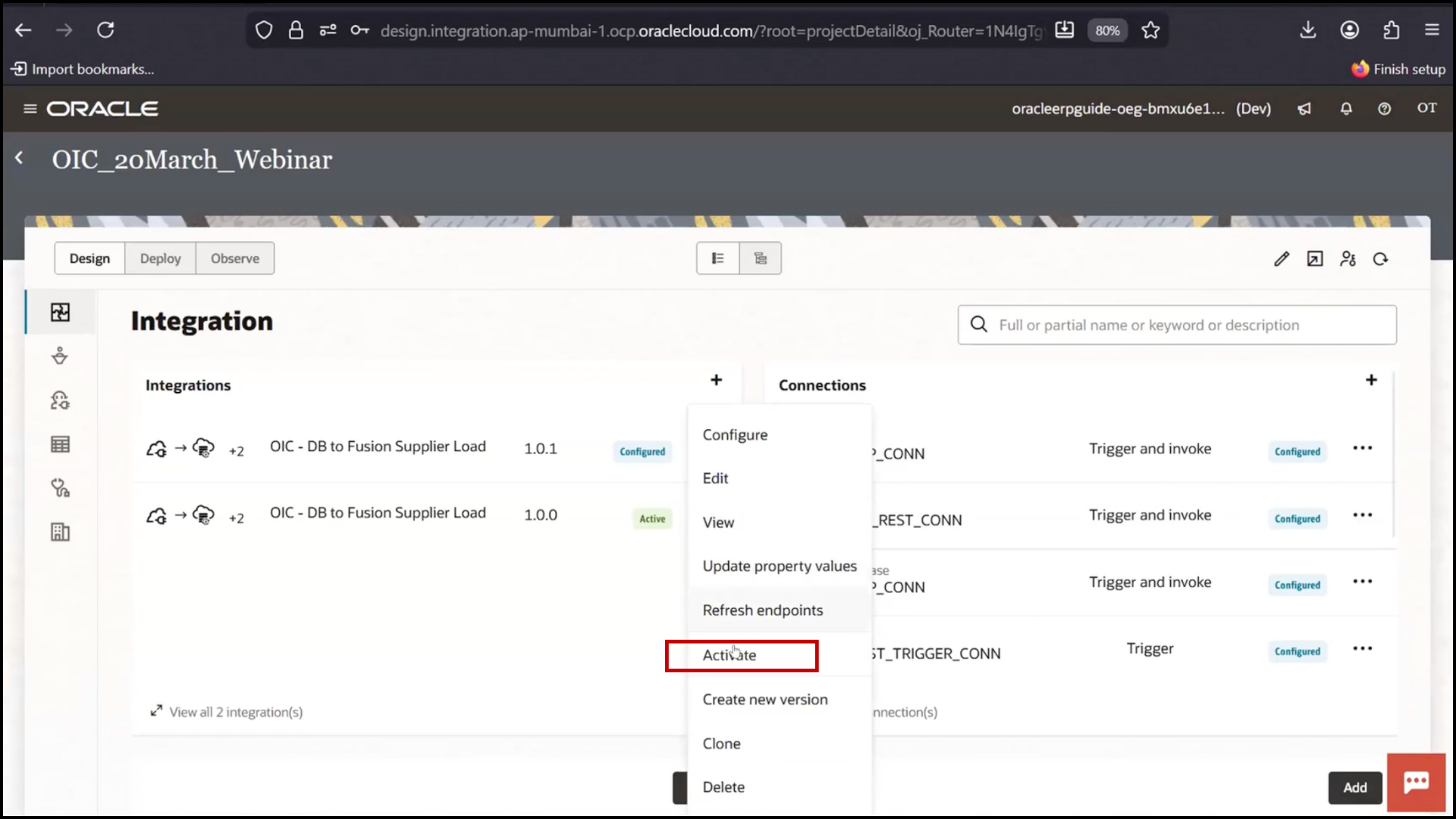 OIC integration screen clicking Activate to deploy updated integration with looping logic in Oracle Integration Cloud (OIC)