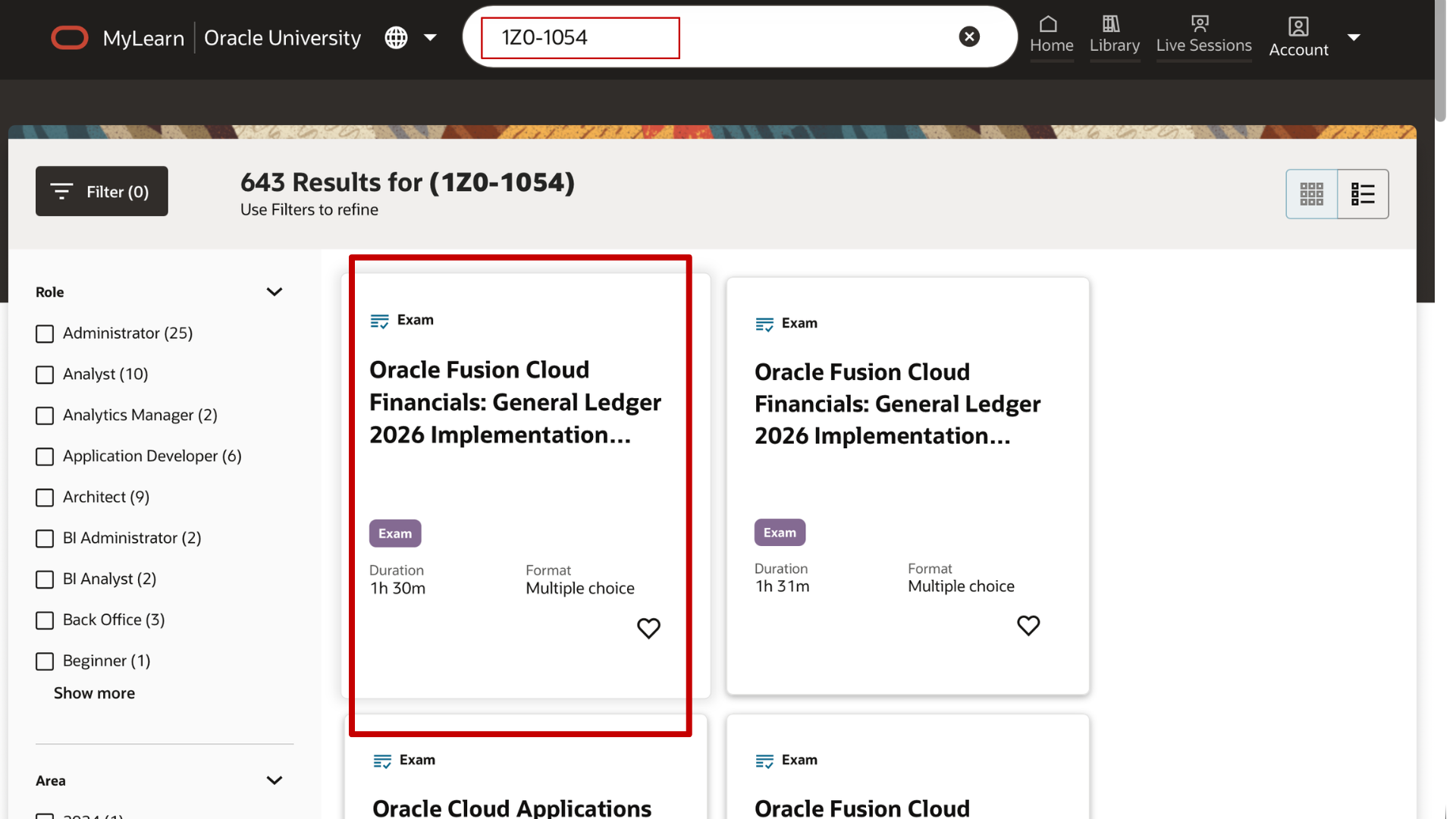 Oracle GL Cloud 1Z0-1054-YY Exam Login and Search Process