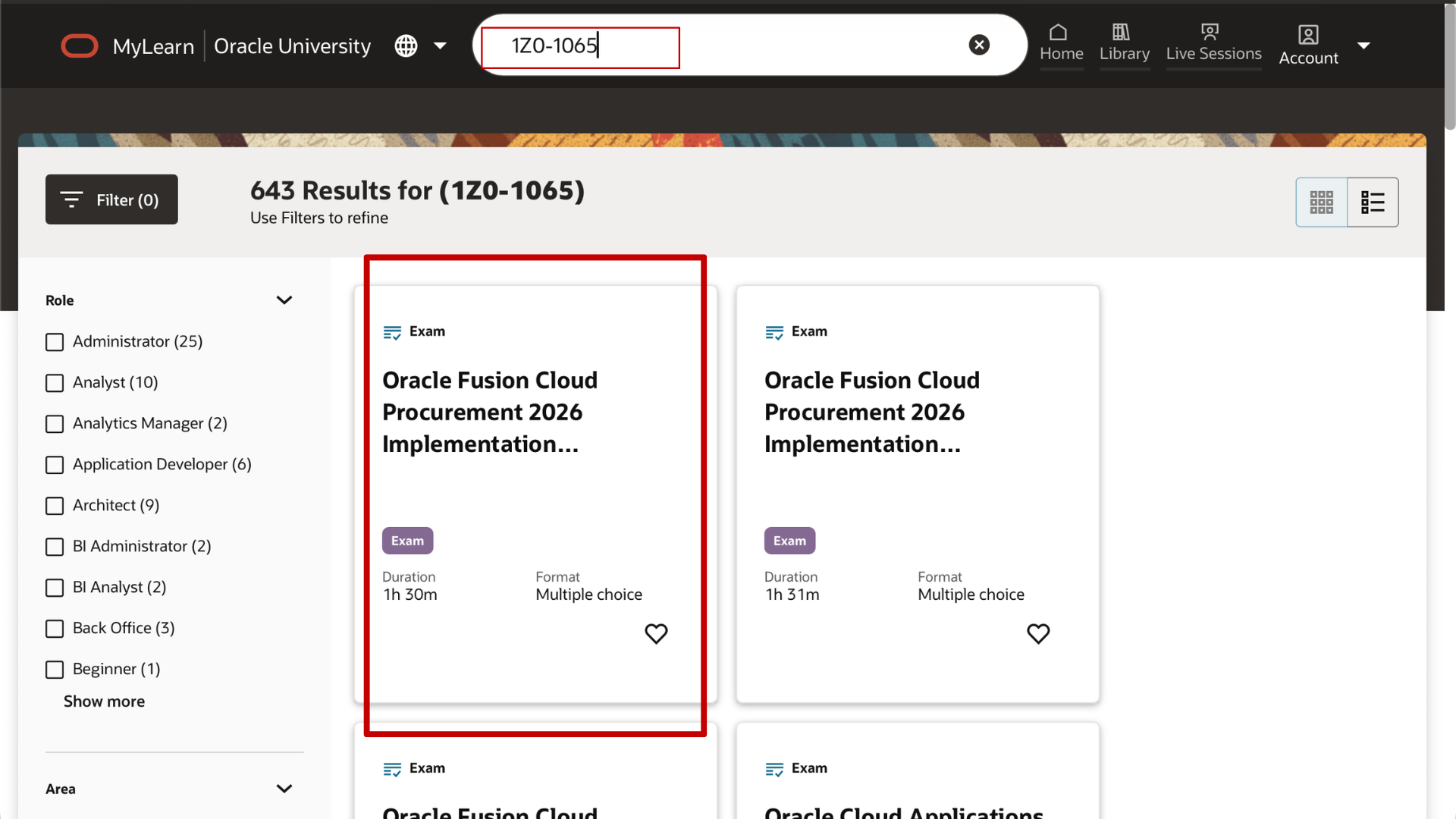 Login and Search Oracle Procurement Cloud 1Z0-1065-YY Certification Exam