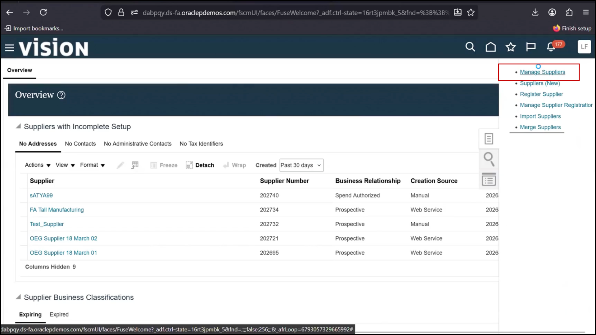 Clicking "Manage Suppliers" in Oracle Fusion Procurement module