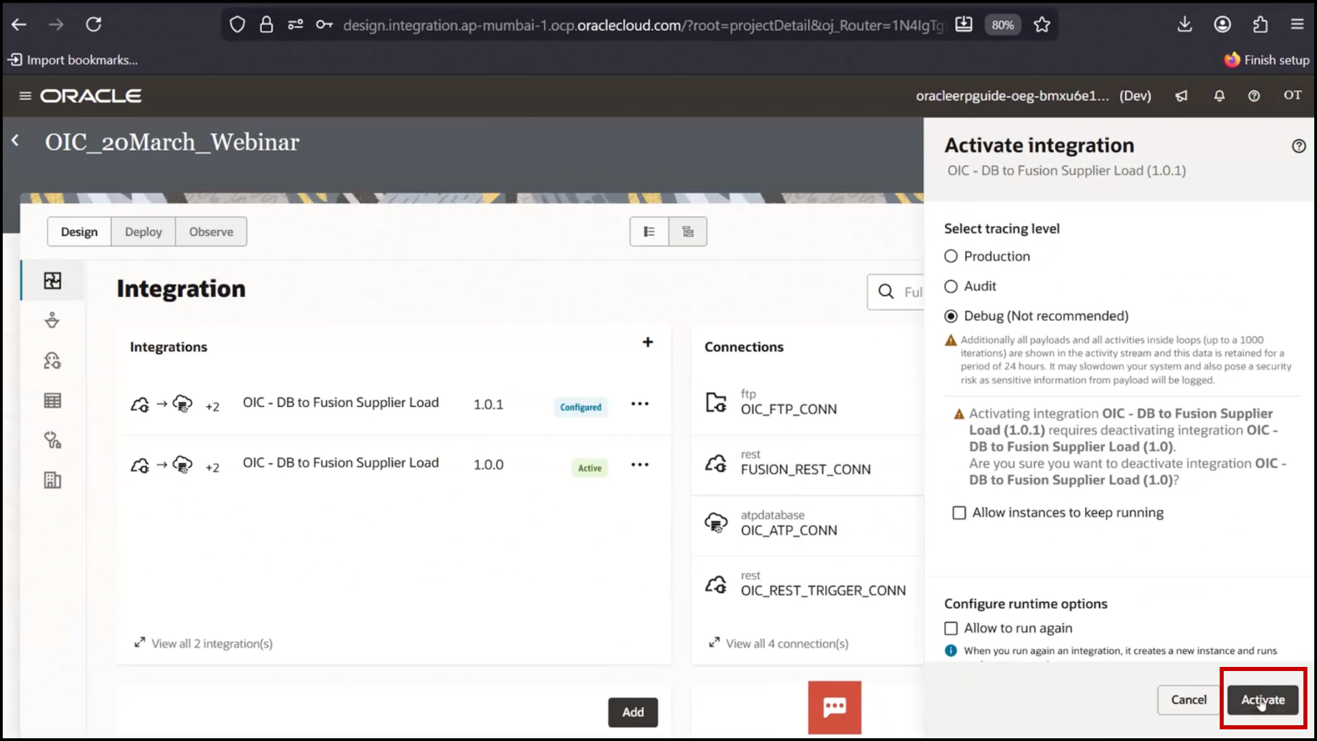 OIC integration activation screen confirming deployment of the updated integration in Oracle Integration Cloud (OIC)