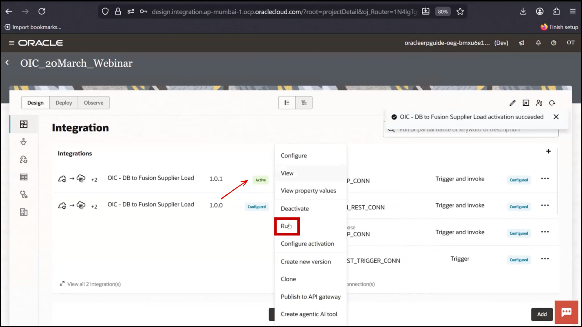 Database screen inserting a new record and running query to verify Draft status in Oracle Integration Cloud (OIC) workflow
