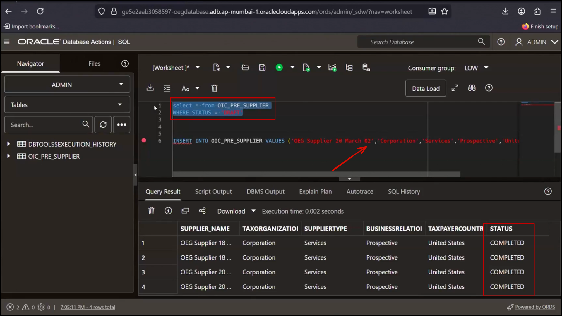 Database query result screen checking record status and confirming it is updated to Completed in Oracle Integration Cloud (OIC) workflow