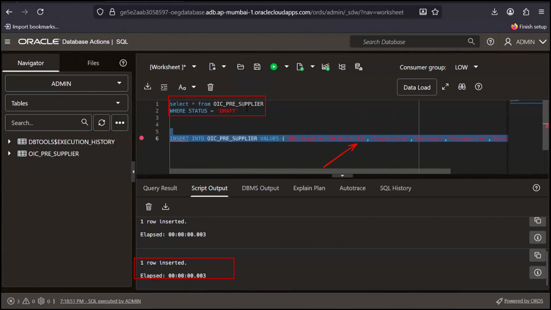 Database output screen showing successful insertion of 1 row in Oracle Integration Cloud (OIC) workflow